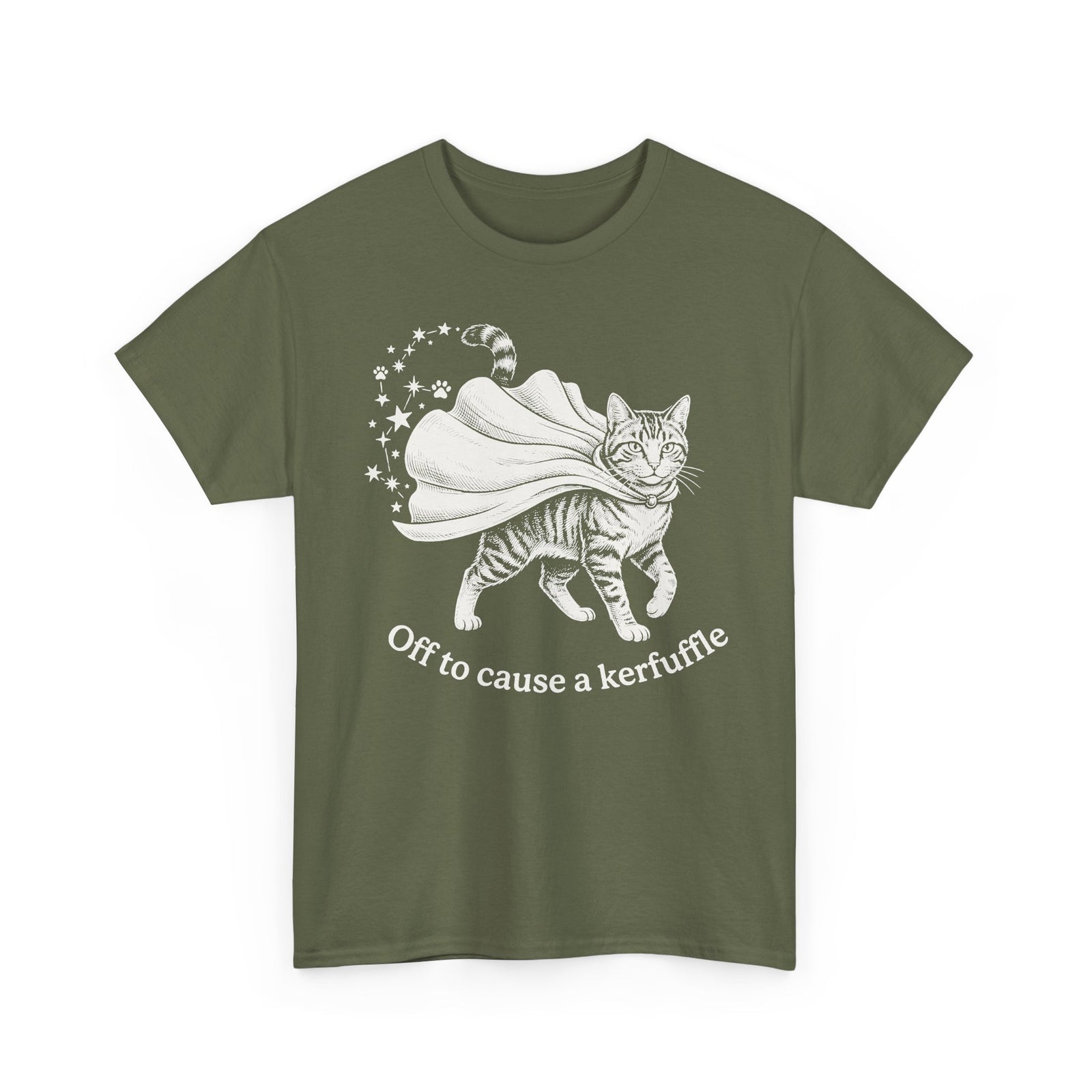 Cat Cape T-Shirt — "Off to cause a kerfuffle" Cute Mischief Cat Tee