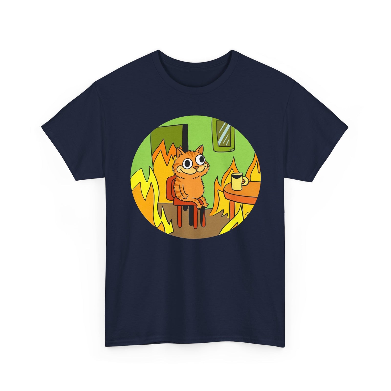 This Is Fine Orange Cat T-Shirt — Funny Meme Parody Feline Graphic Tee