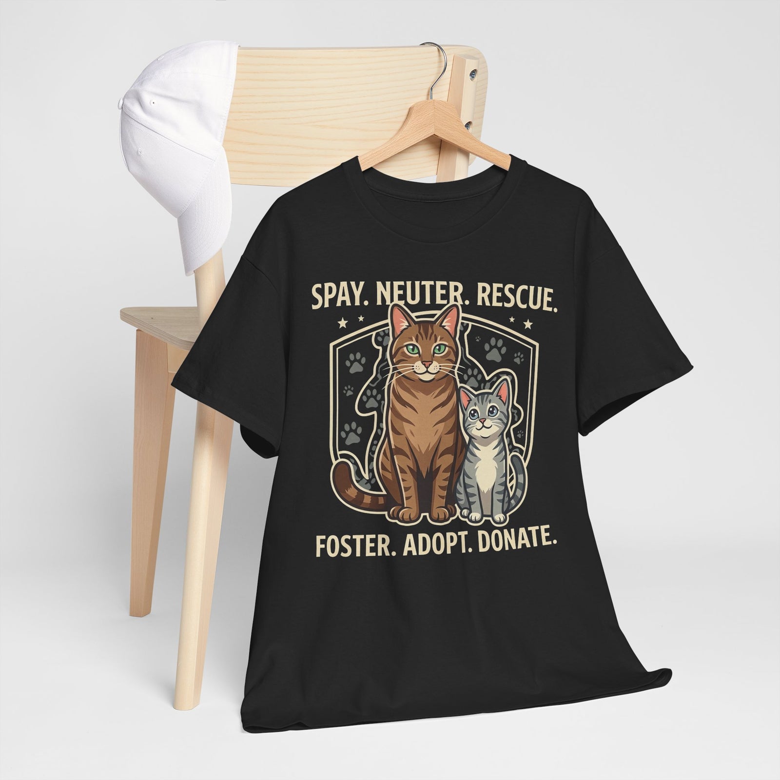 Cat Rescue T-Shirt - "Spay. Neuter. Rescue. Foster. Adopt. Donate." Animal Shelter Support Tee