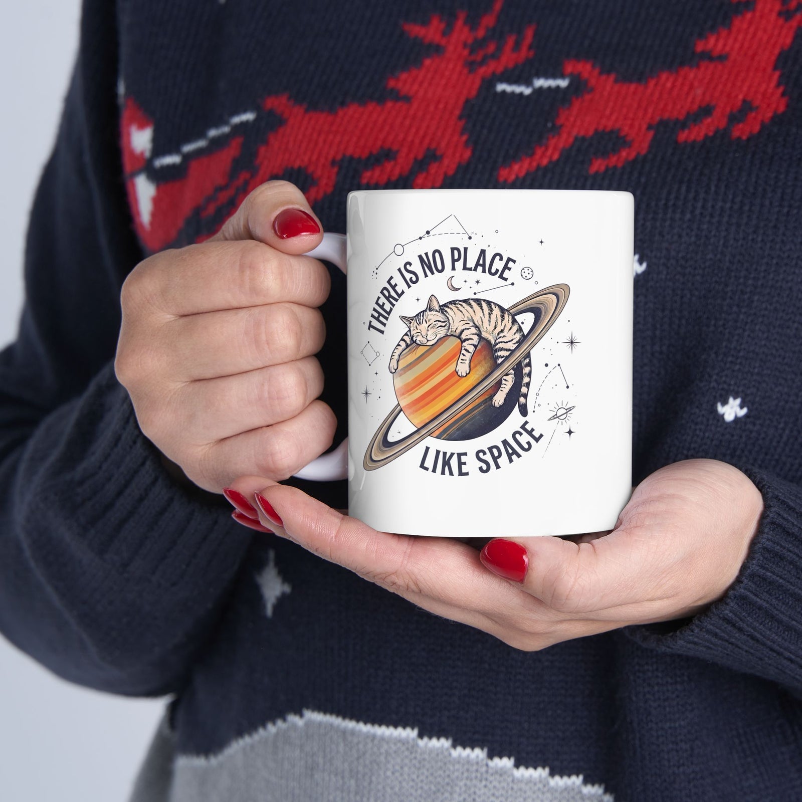 There Is No Place Like Space Ceramic Mug — Funny Sleeping Cat Saturn Mug