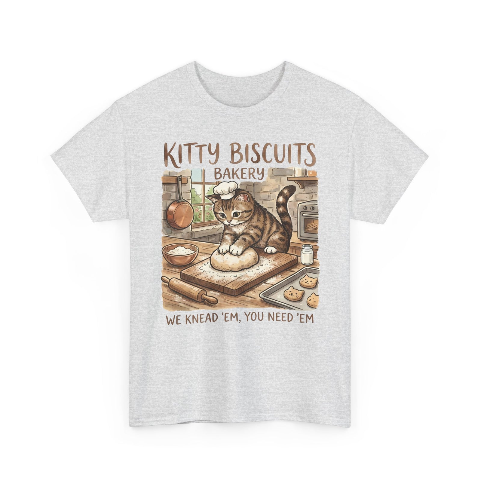 Kitty Biscuits Bakery T-Shirt — "We Knead 'Em We Need 'Em" Cat Bakery Tee