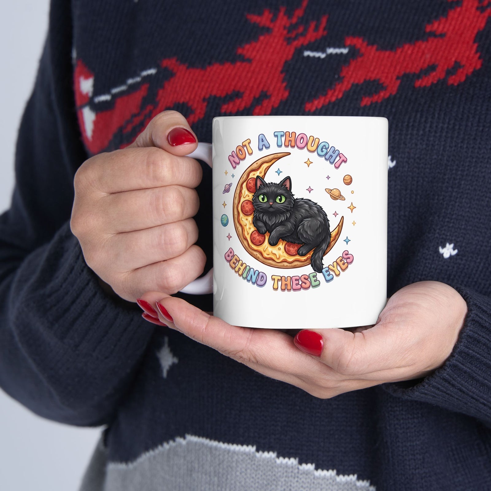 Not A Thought Behind These Eyes Ceramic Mug — Funny Black Cat Pizza Moon Mug