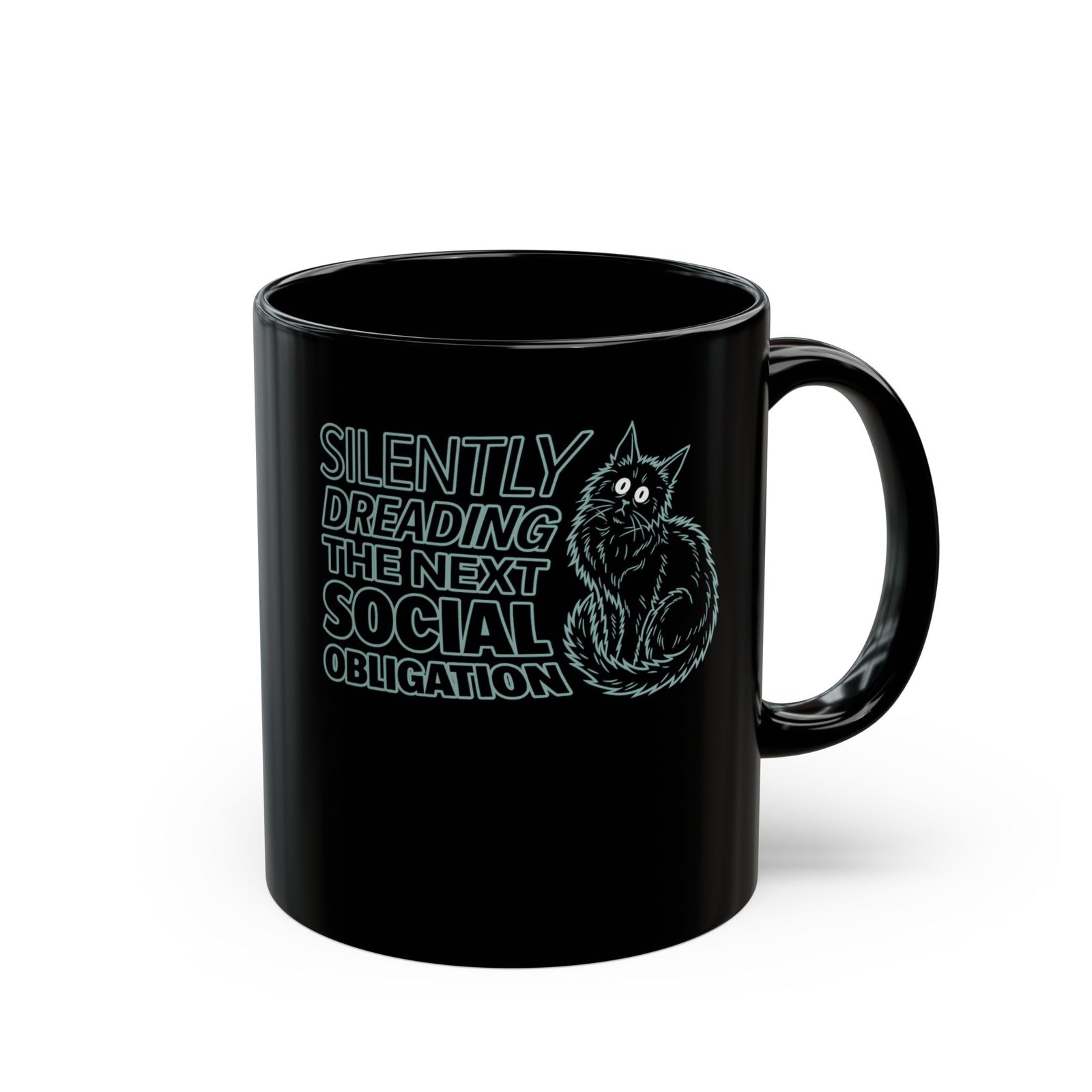 Introvert Cat Black Mug — "Silently Dreading the Next Social Obligation"