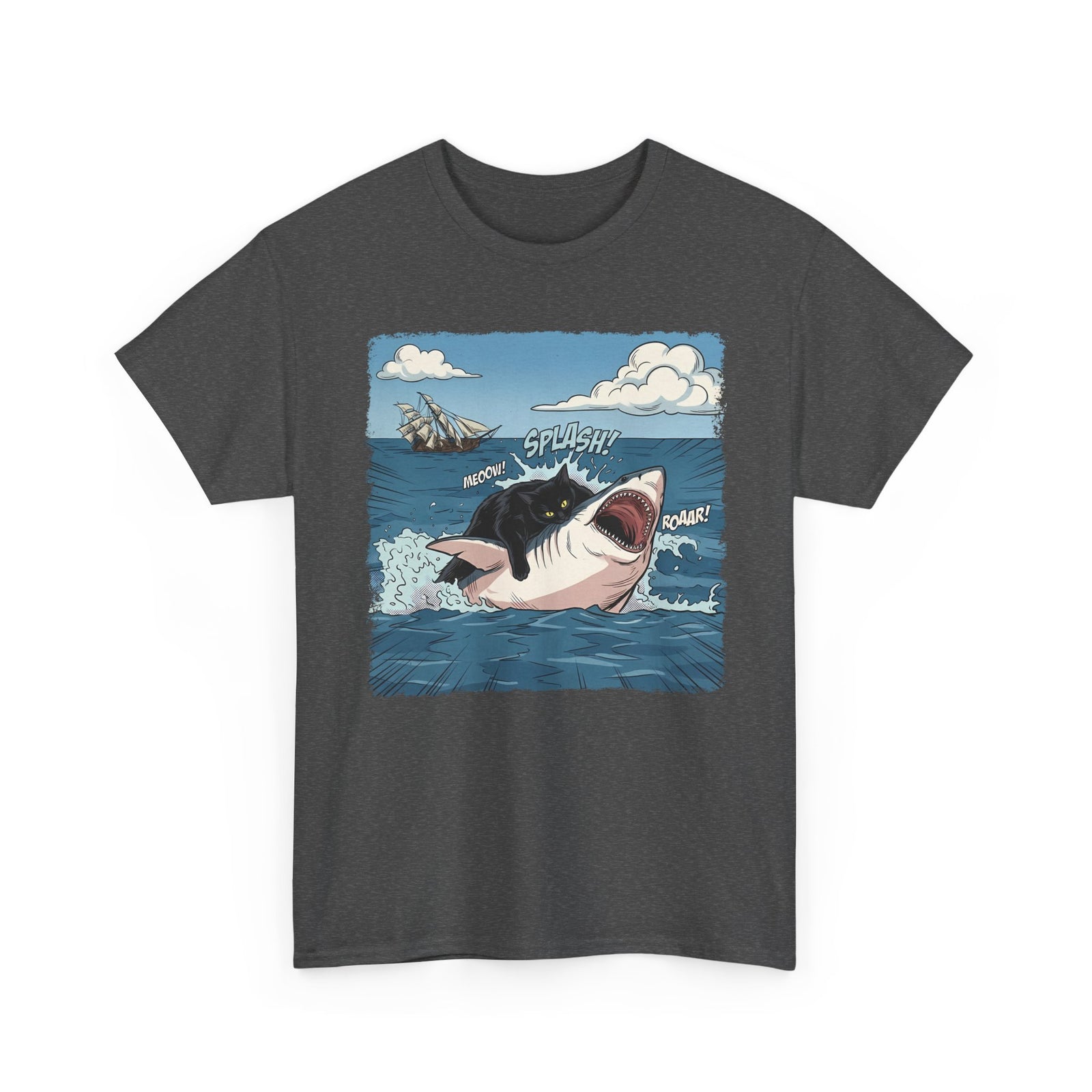 Black Cat Vs White Shark T-Shirt — Funny Comic Book Ocean Battle Tee