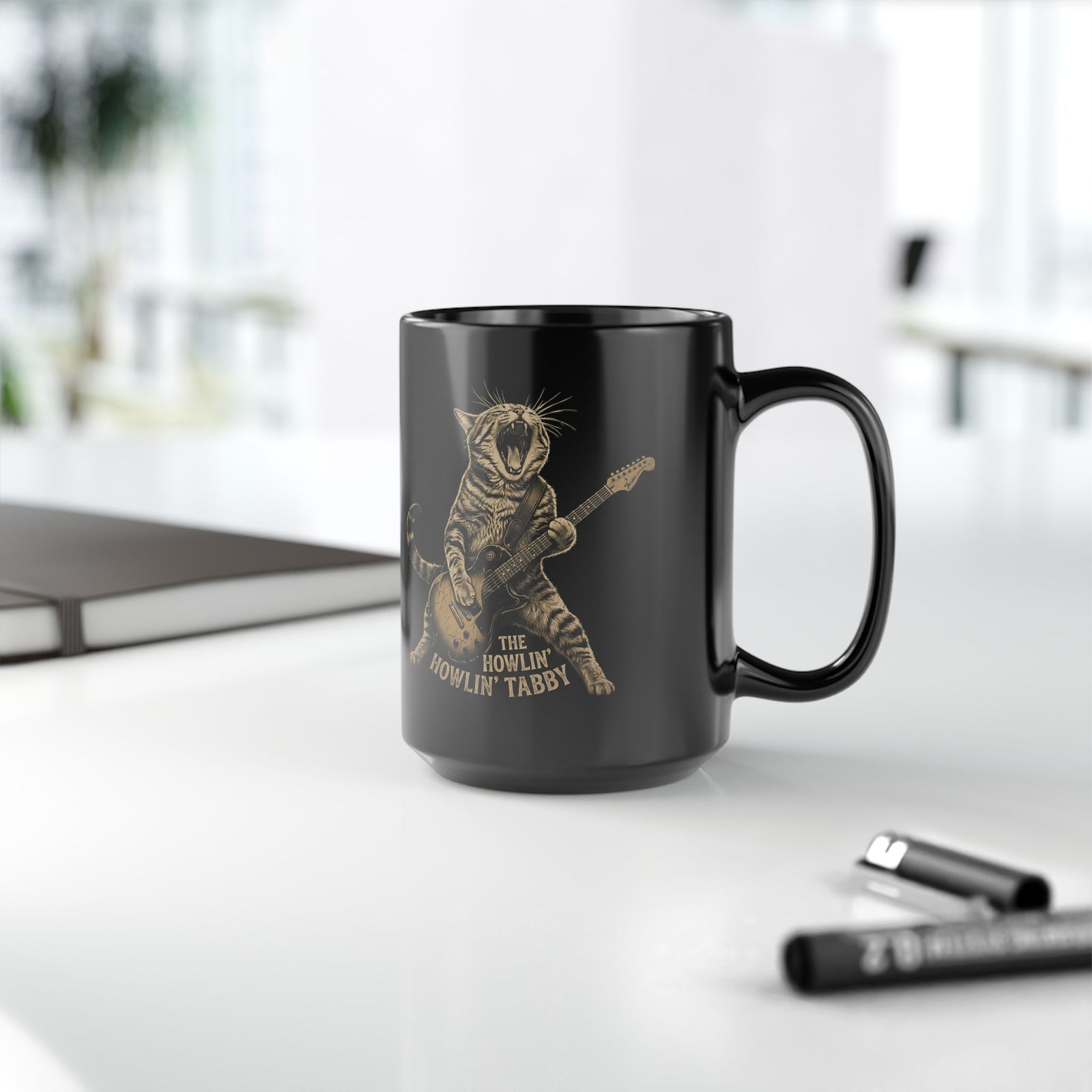 Howlin' Howlin' Tabby Black Mug — Retro Cat Graphic Mug