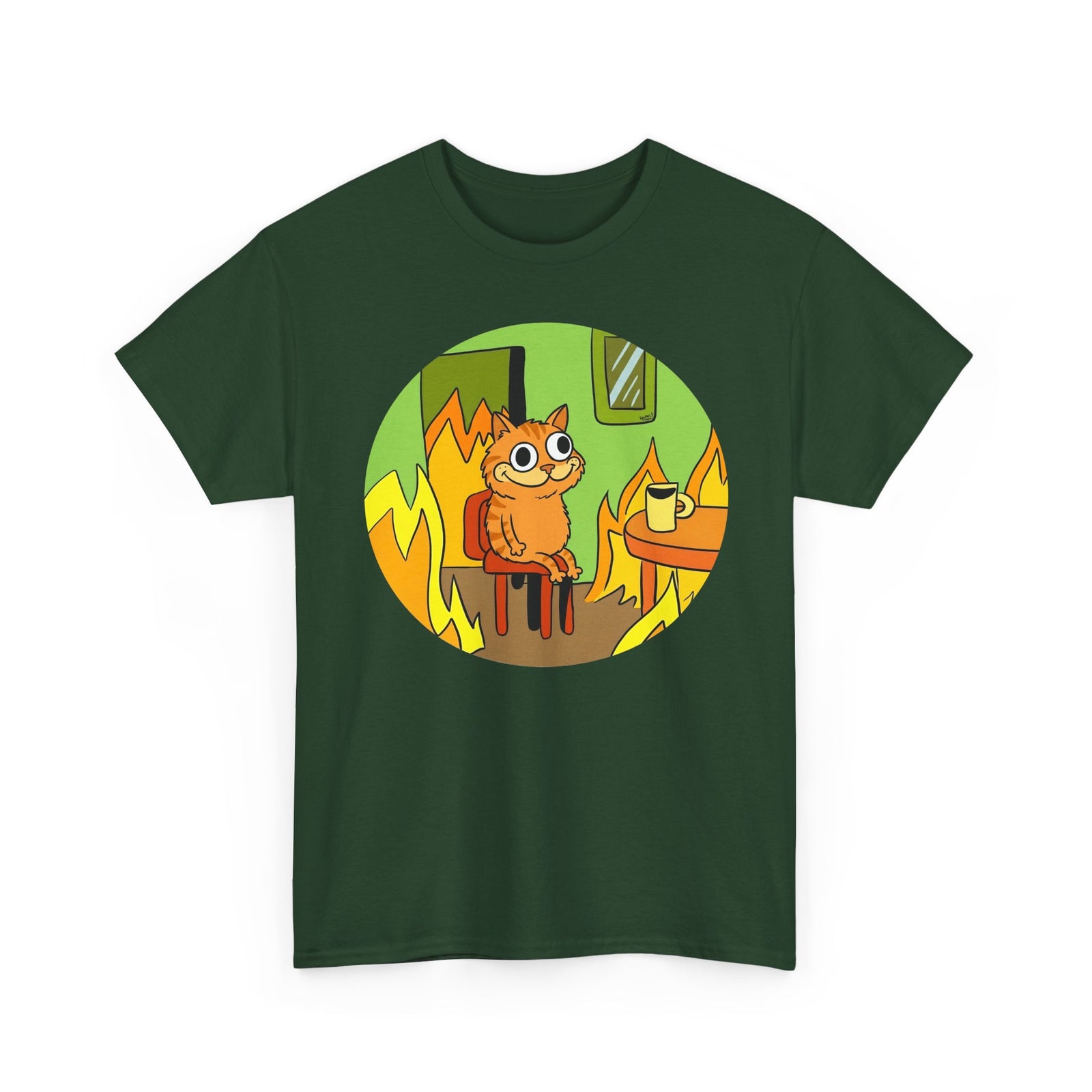 This Is Fine Orange Cat T-Shirt — Funny Meme Parody Feline Graphic Tee