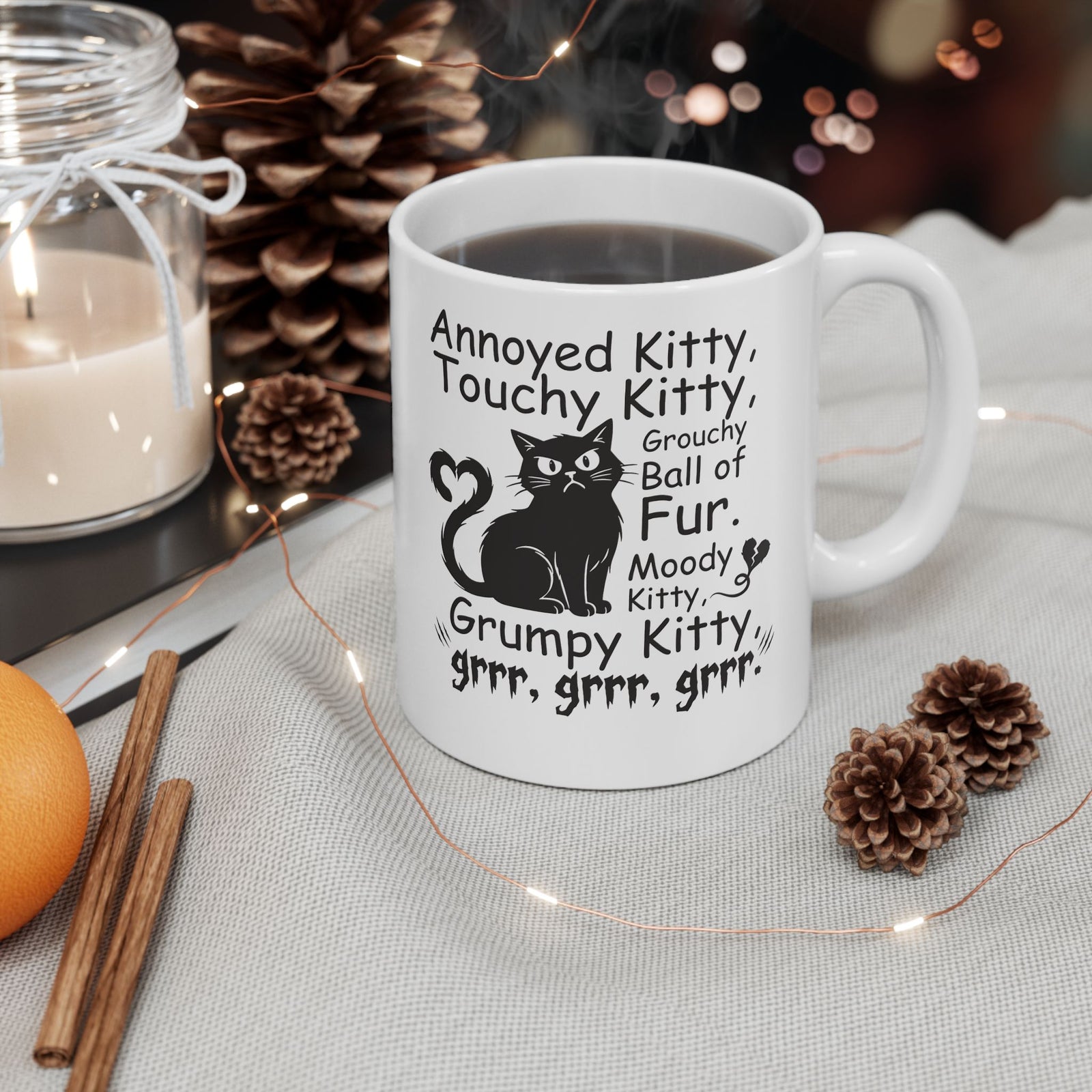 Grouchy Ball of Fur Ceramic Mug — Annoyed Kitty, Touchy Kitty Graphic Mug