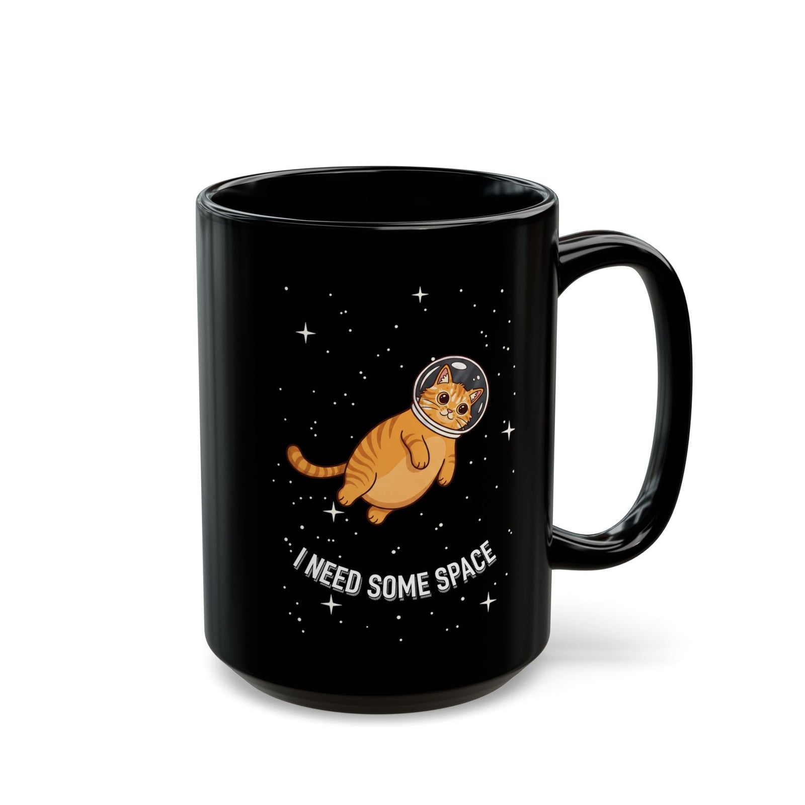 I Need Some Space Cat Black Mug — Cute Astronaut Orange Tabby Feline Mug