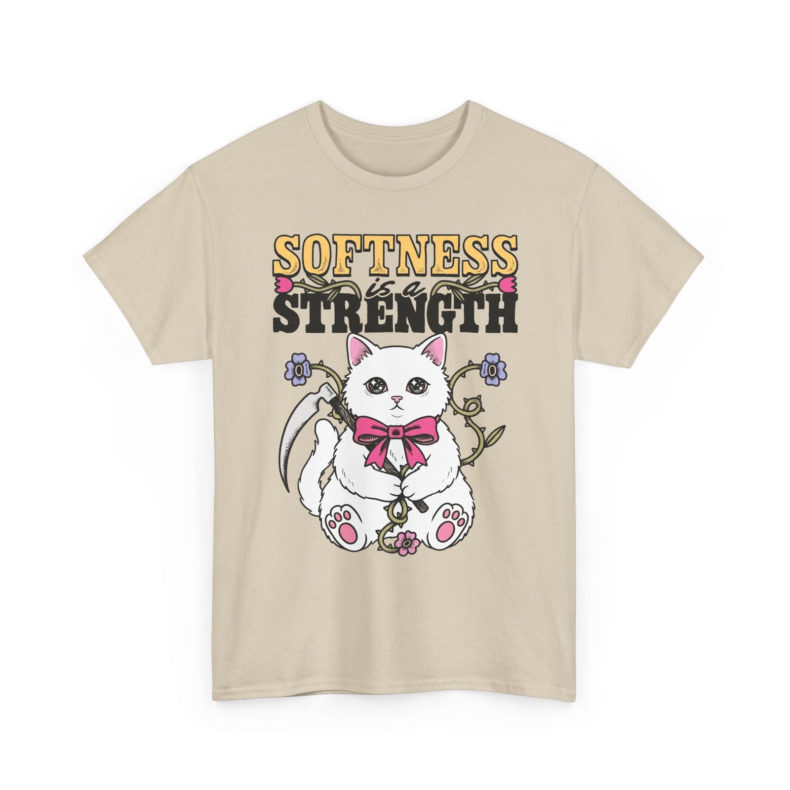 Softness Is A Strength T-Shirt — Funny Cute White Kitten Scythe Graphic Tee