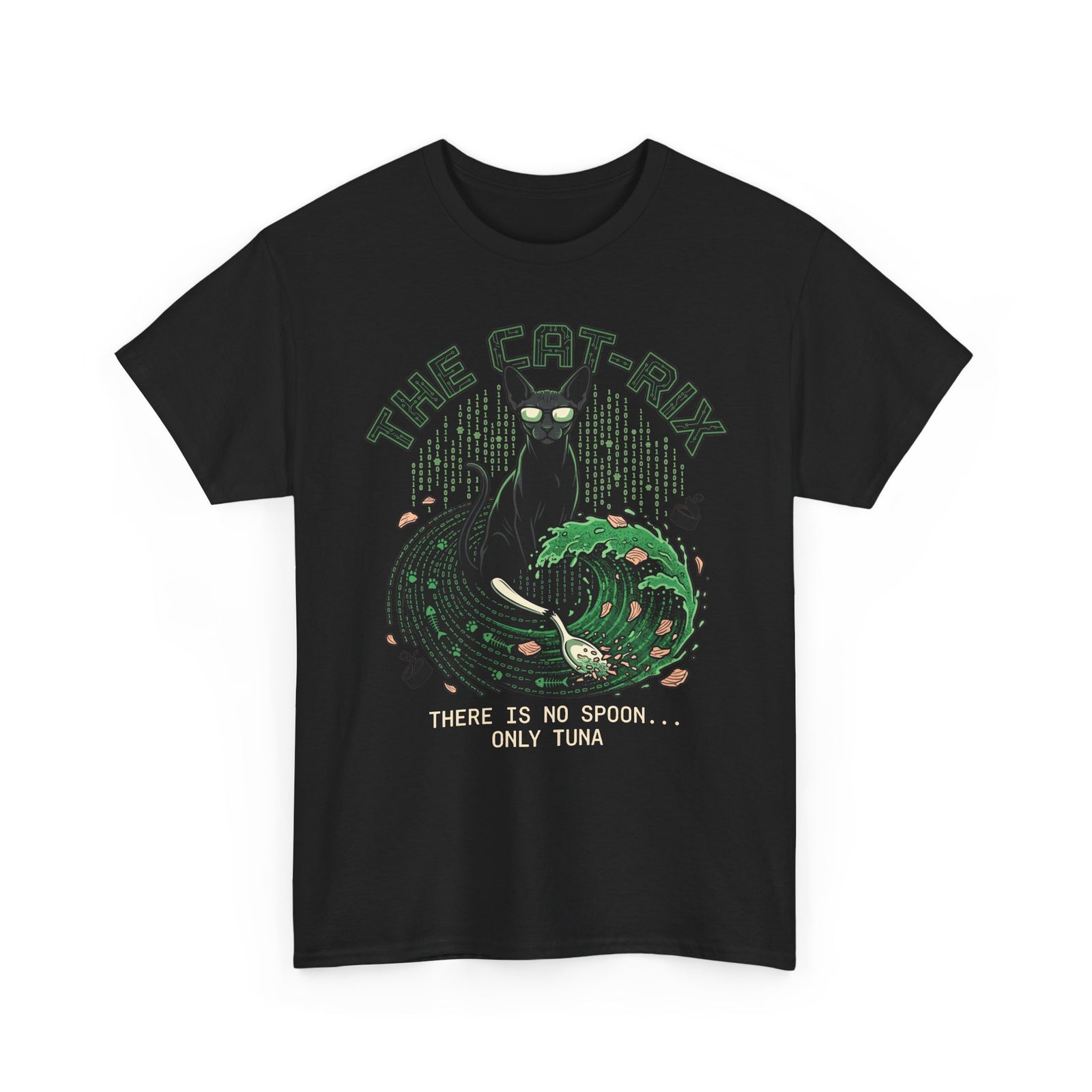 Cat T-Shirt — "There Is No Spoon... Only Tuna" Retro Wave Graphic Tee
