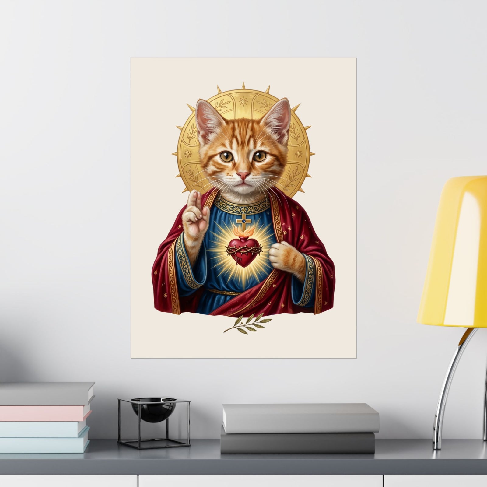 Sacred Heart Cat Poster — Christian Religious Cat Lover Graphic Poster