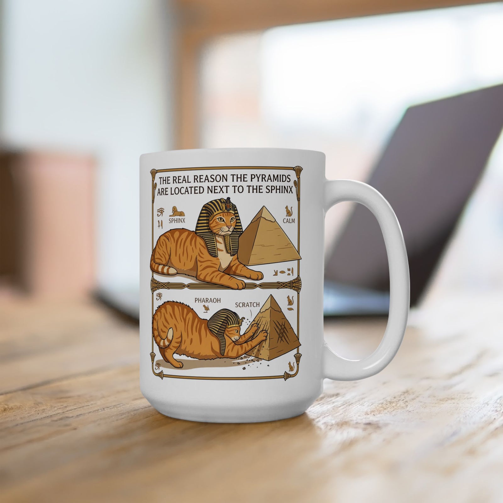 Funny Cat Pyramids Sphinx Ceramic Mug Ancient Egypt Scratching Design