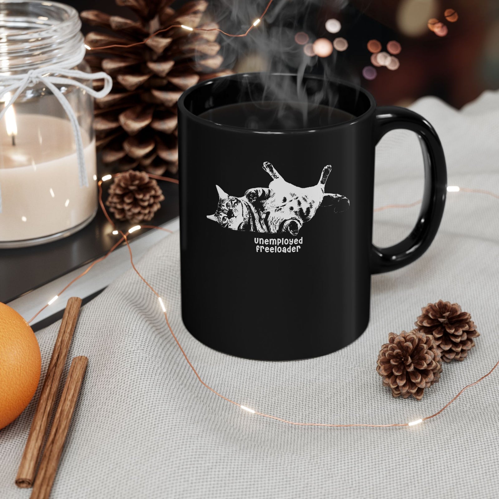 Unemployed Freeloader Cat Black Mug — Funny Lazy Cat Graphic Mug