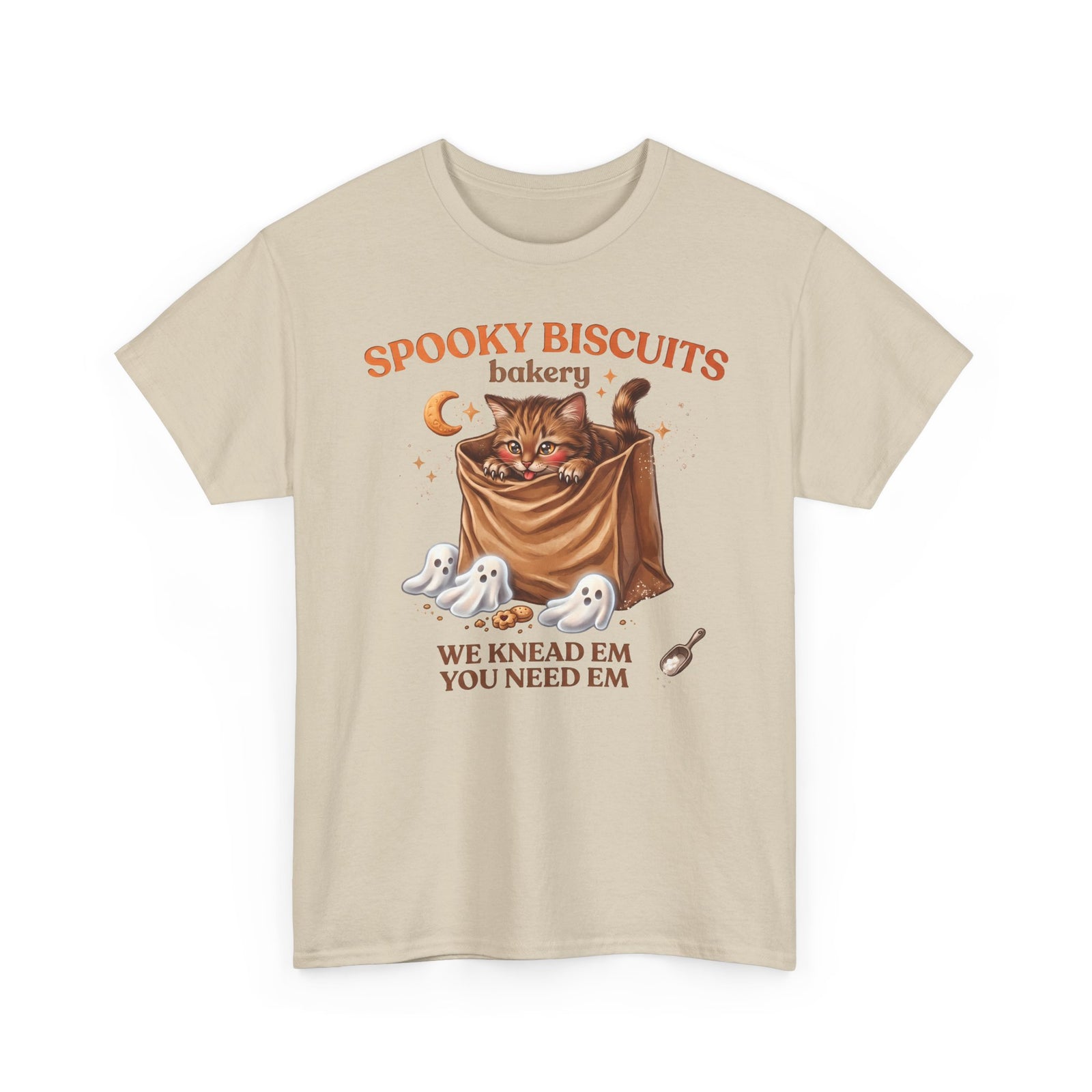Spooky Biscuits Bakery Cute Tabby Cat T-Shirt — Whimsical Kneading Feline Tee