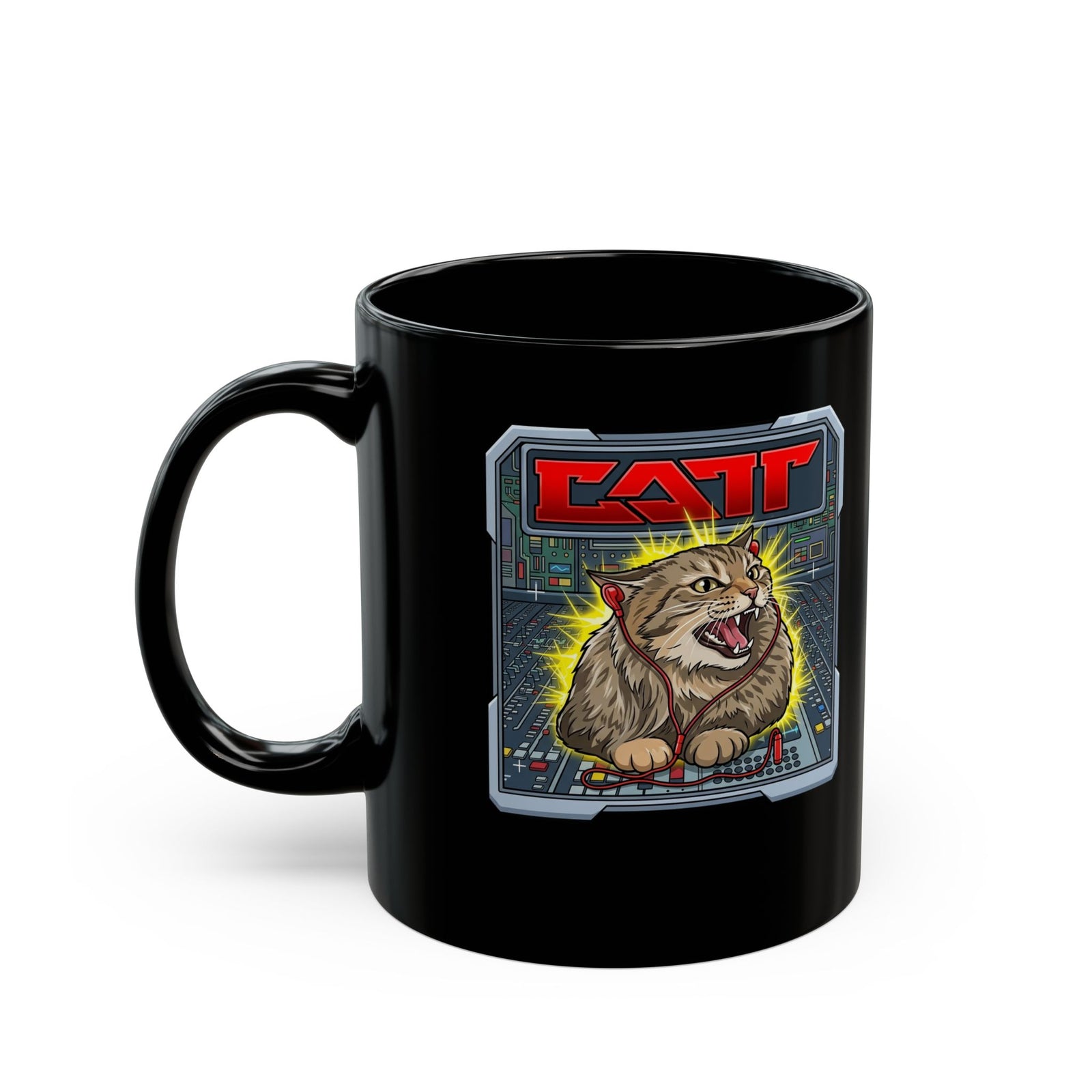 80s Hair Metal Cat Black Mug — Vintage Rock Cat Graphic Mug