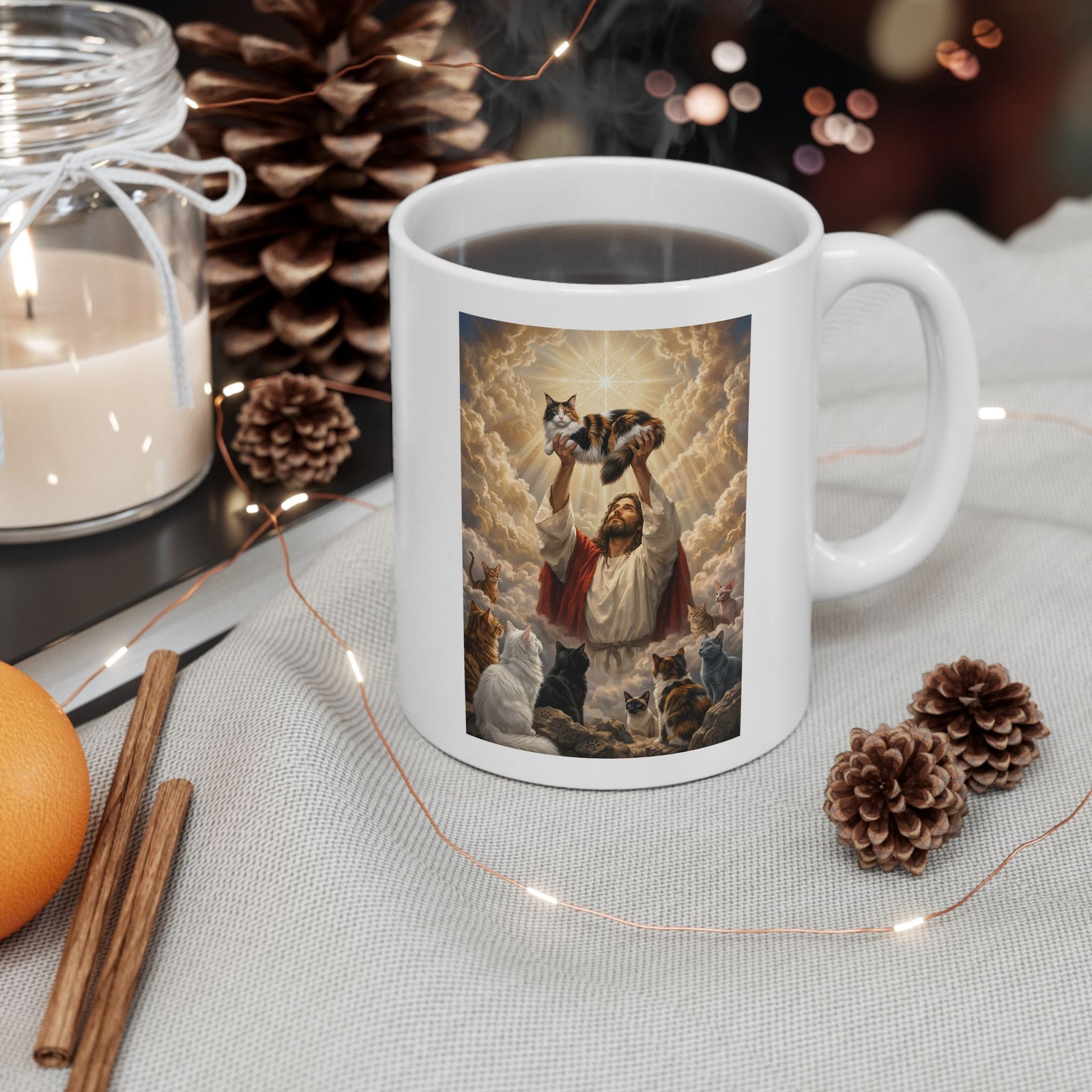 Jesus With Cats Ceramic Mug — Christian Cat Lover Mug