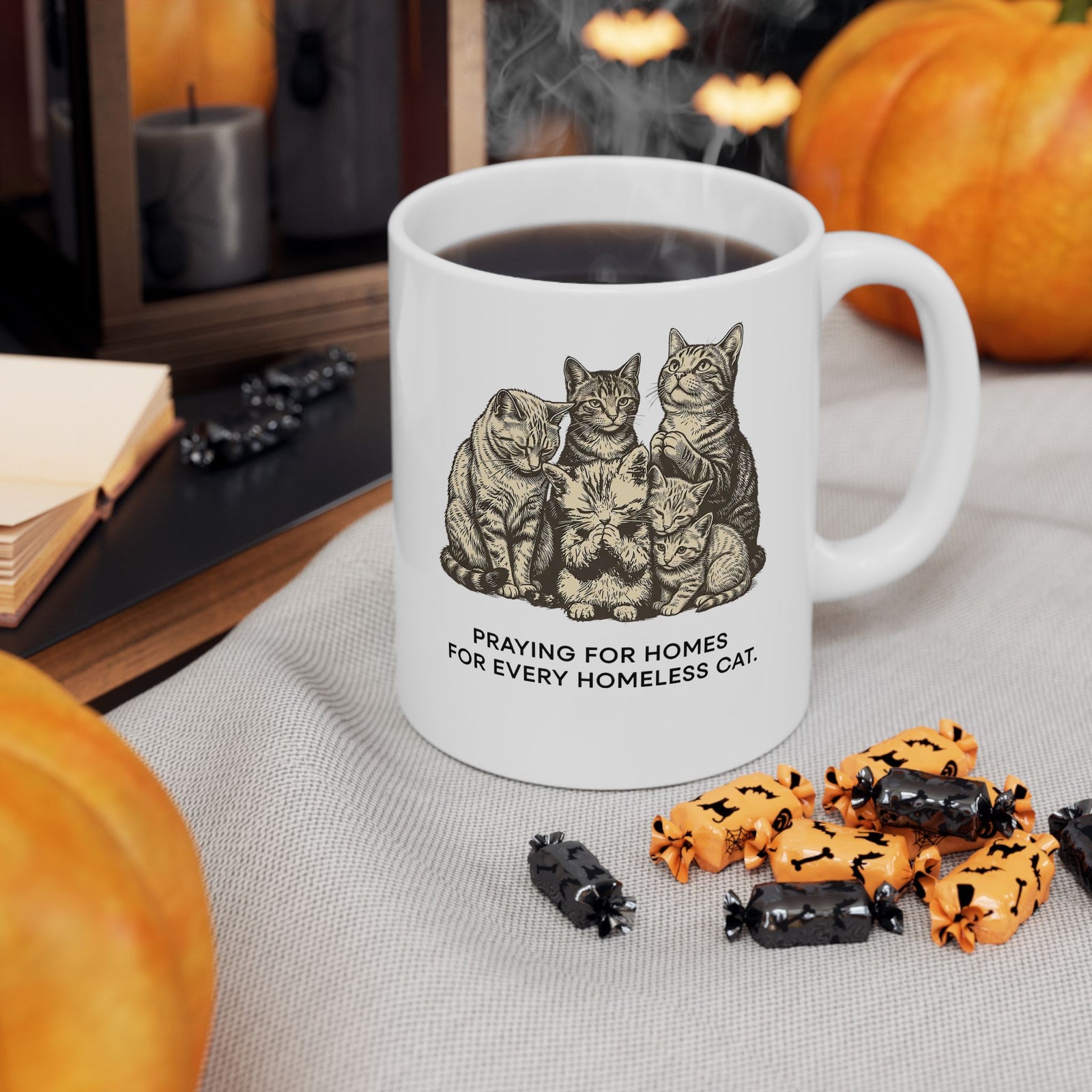 Cat Rescue Ceramic Mug — "Praying for Homes for Every Homeless Cat" Vintage Cat Rescue Mug