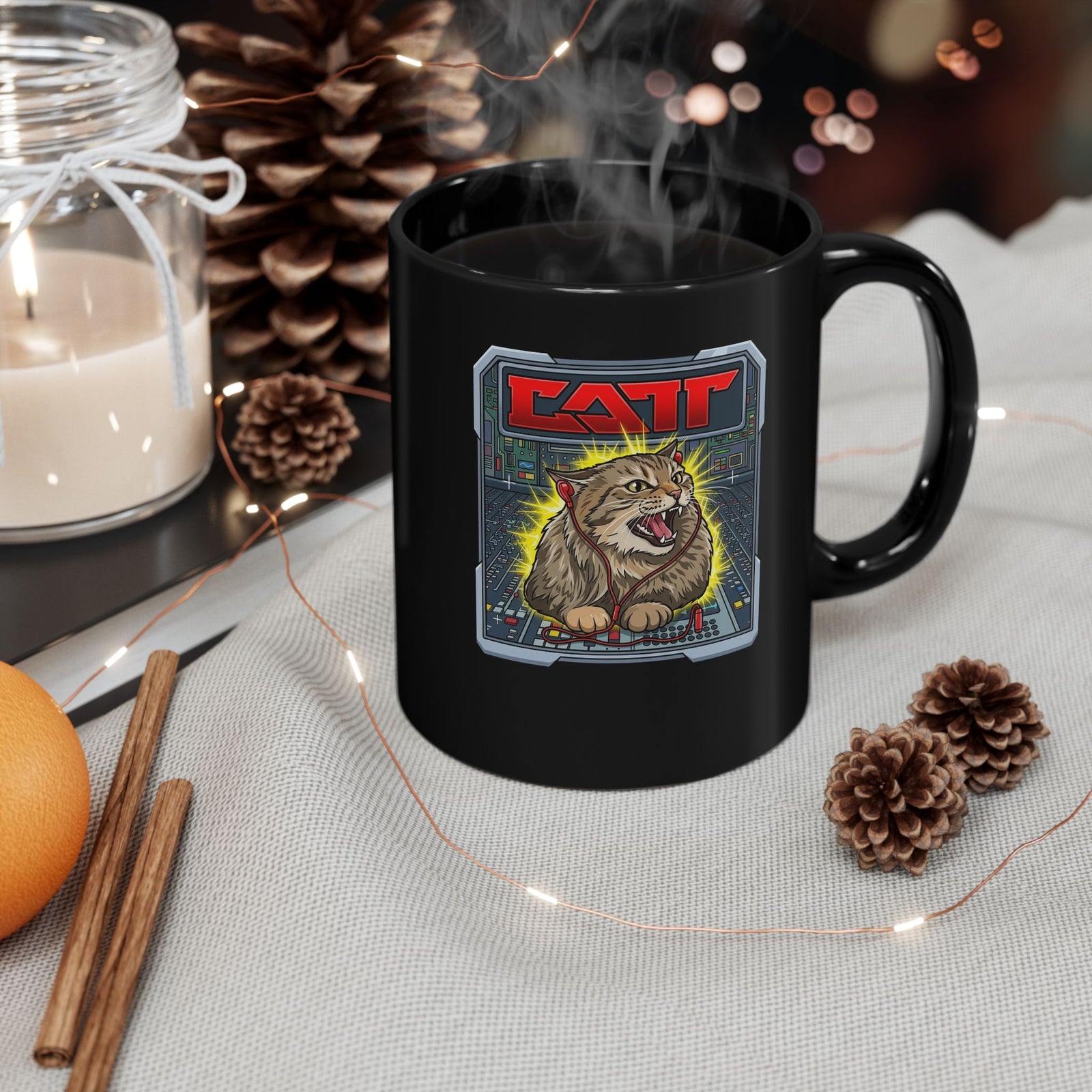 80s Hair Metal Cat Black Mug — Vintage Rock Cat Graphic Mug