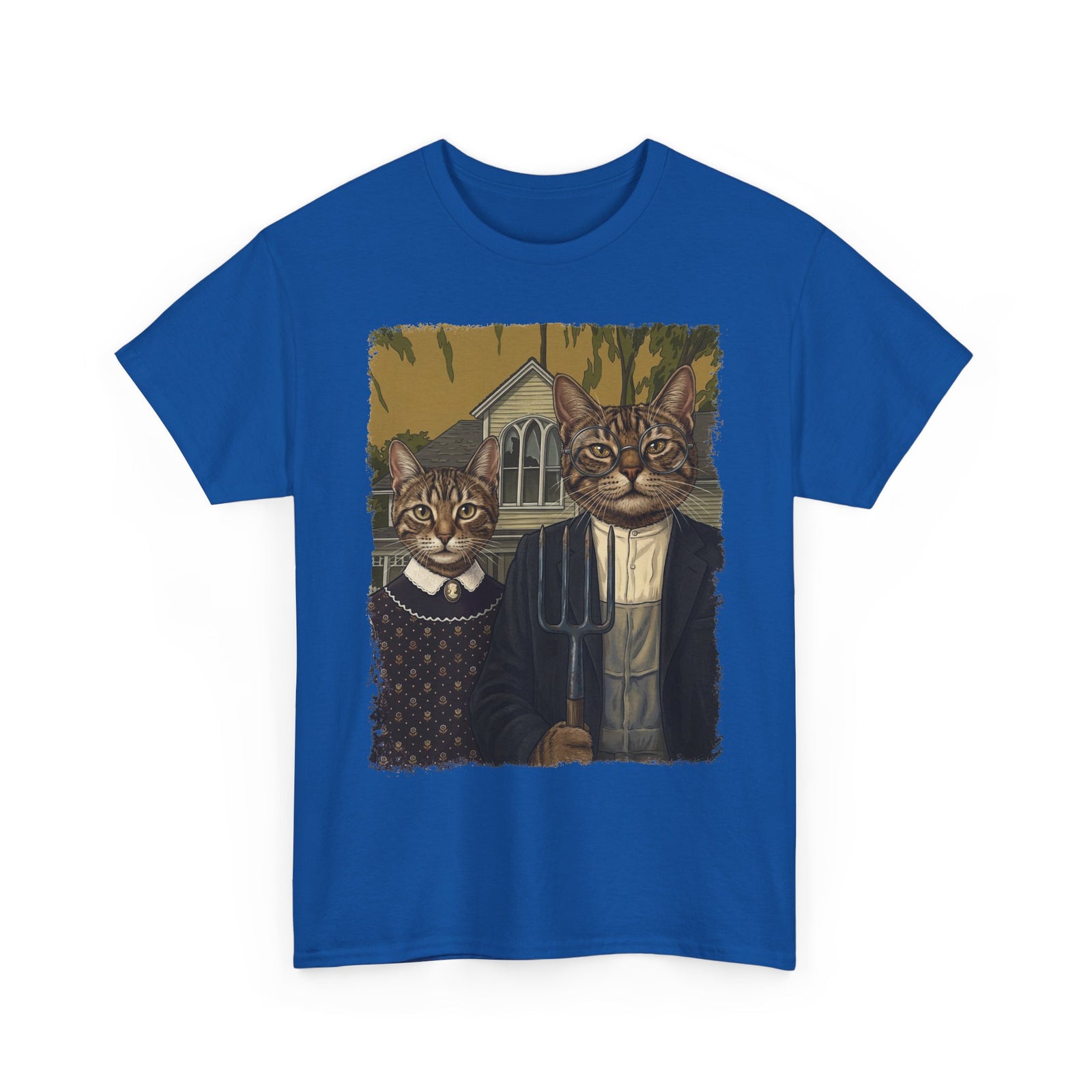 Gothic Cat Couple Tee — Parody ‘American Gothic’ Cat Portrait T-Shirt