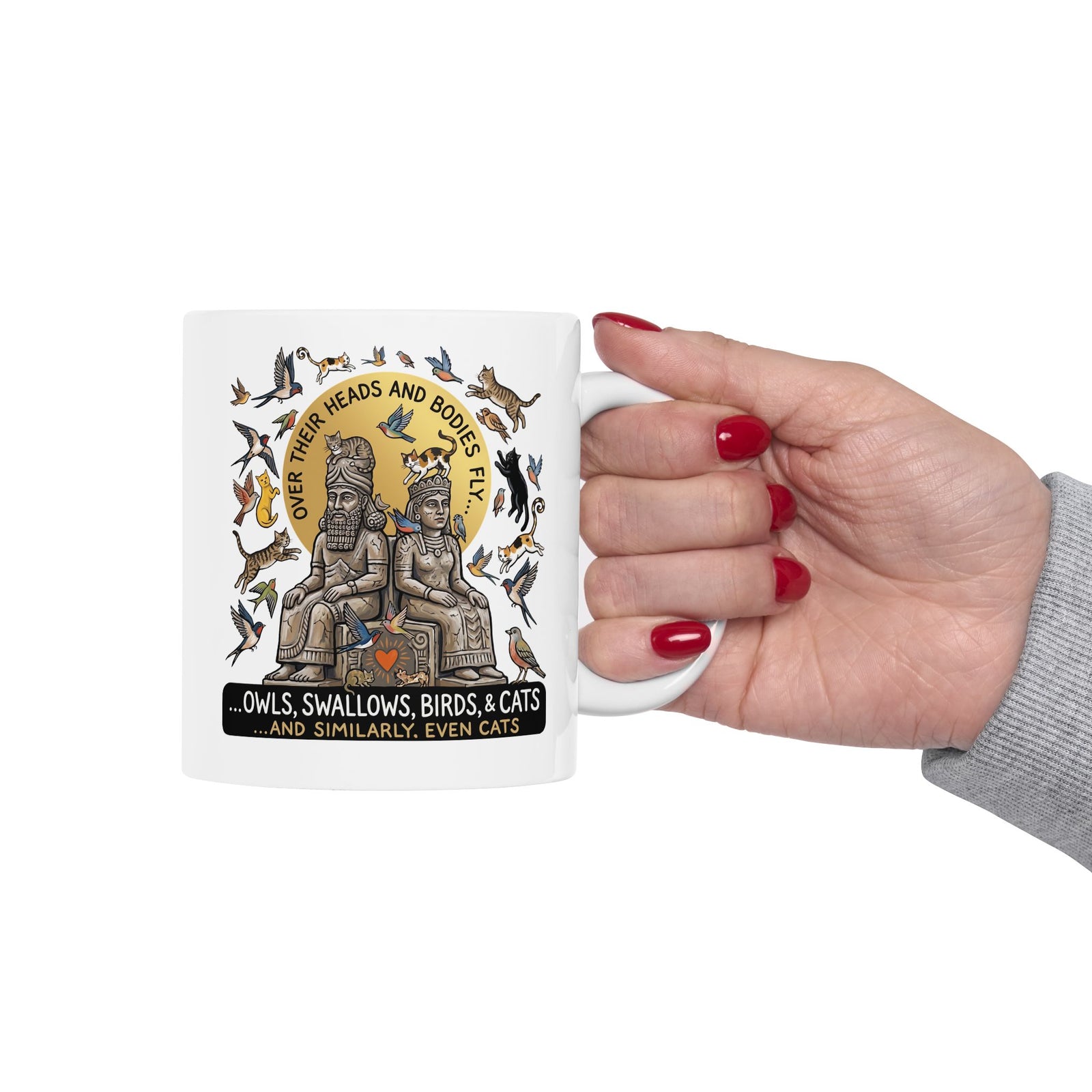 Birds & Cats Graphic Ceramic Mug — "Over Their Heads and Bodies Fly"