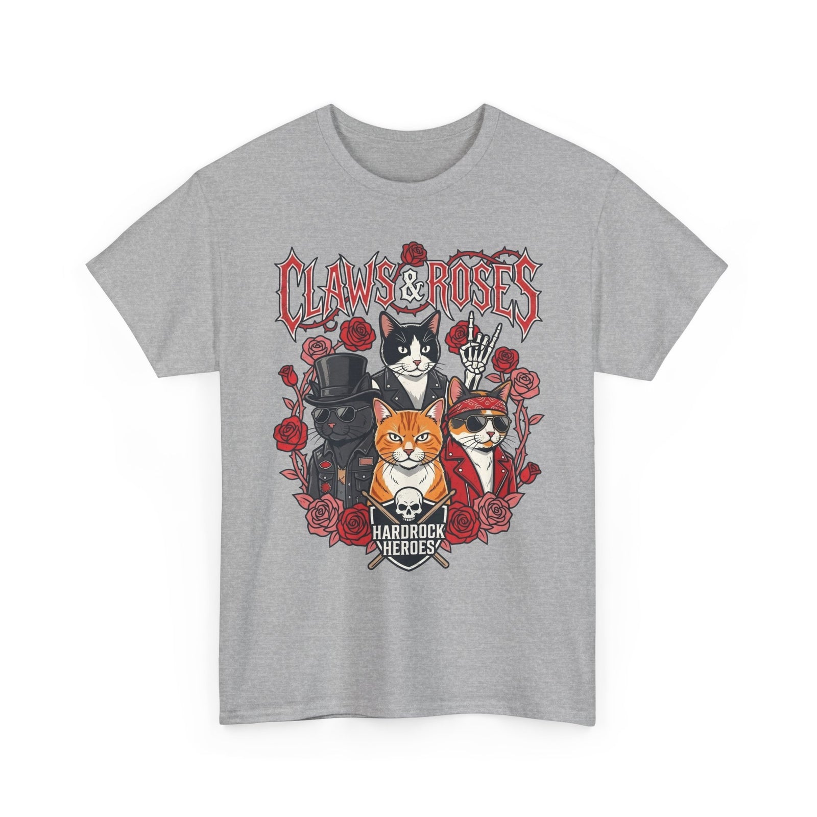 Claws & Roses Cat Band Tee - Rock 'N' Roll Feline Graphic T-Shirt