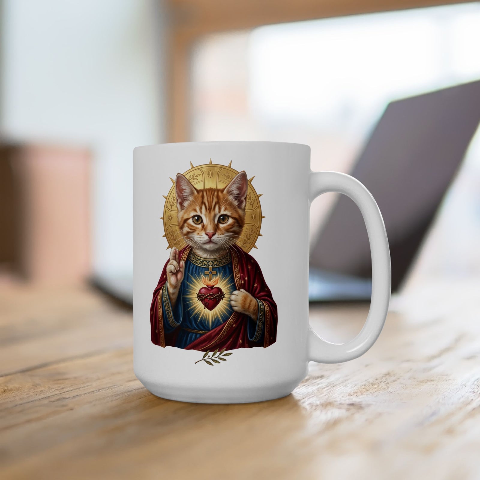 Sacred Heart Cat Ceramic Mug — Christian Religious Cat Lover Graphic Mug