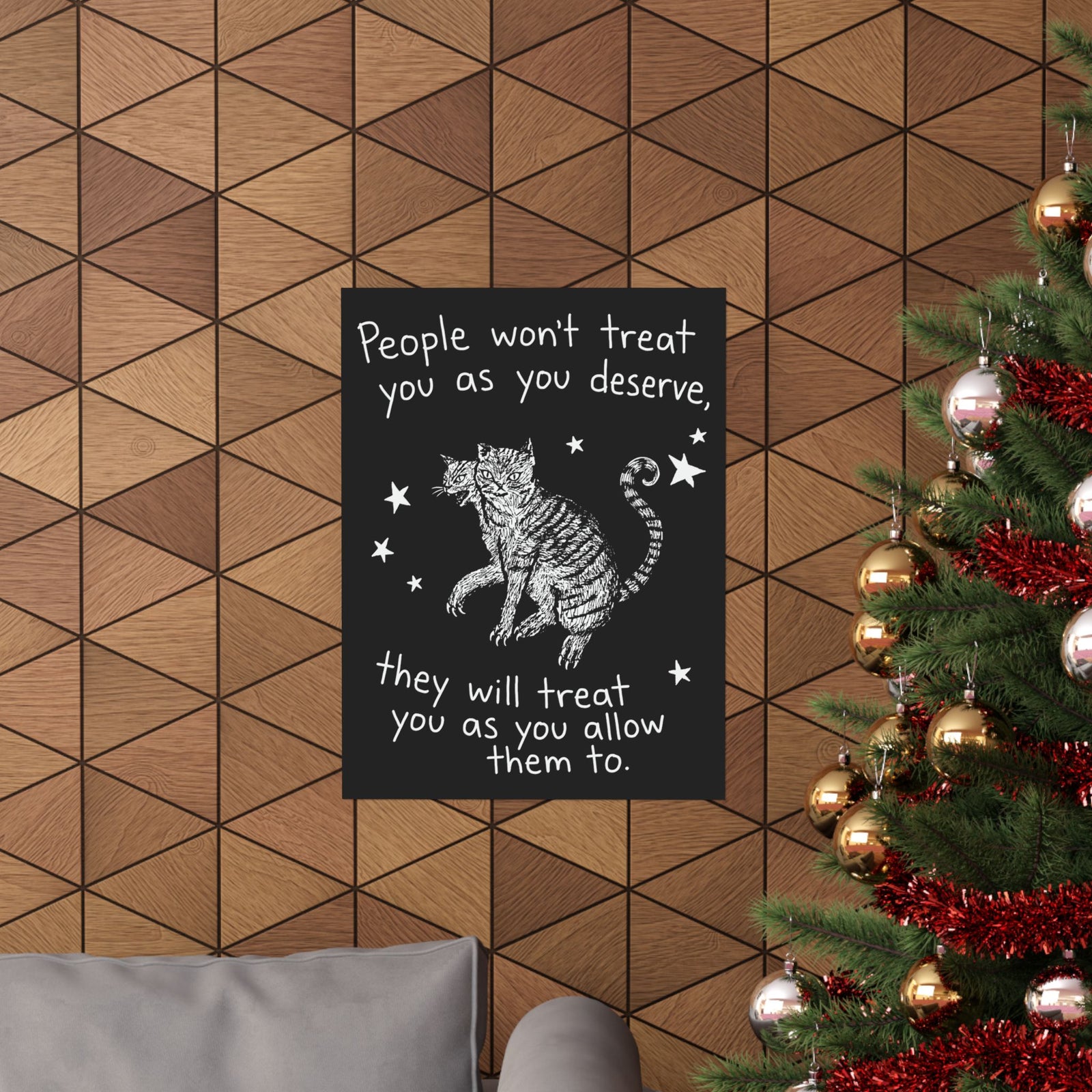 Two-Headed Tabby Cat Poster — "People Won't Treat You As You Deserve" Gothic Woodcut Poster