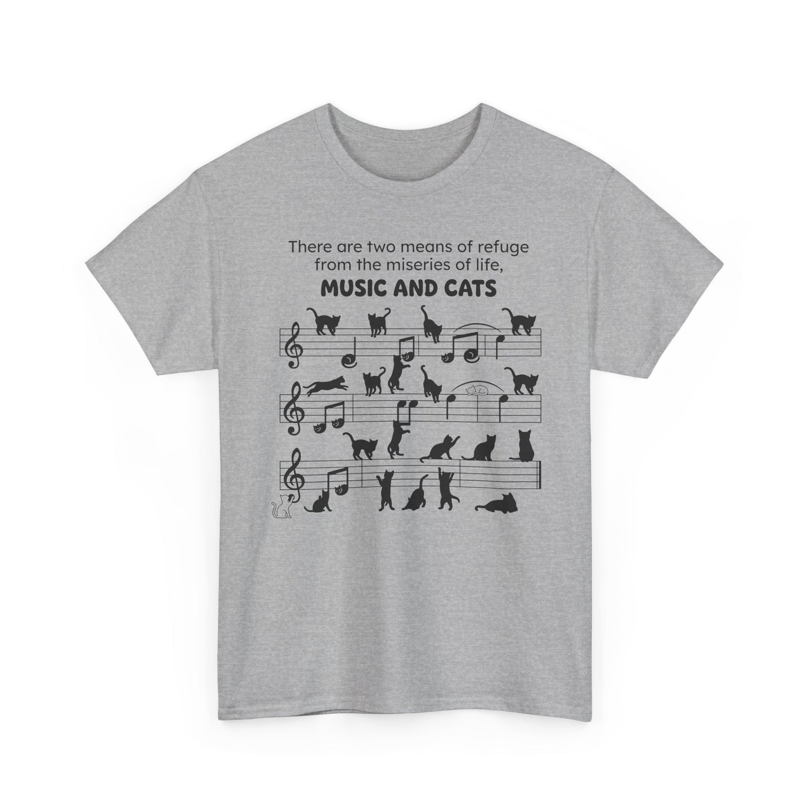 Music and Cats T-Shirt — Graphic Tee with Musical Score and Cat Silhouettes