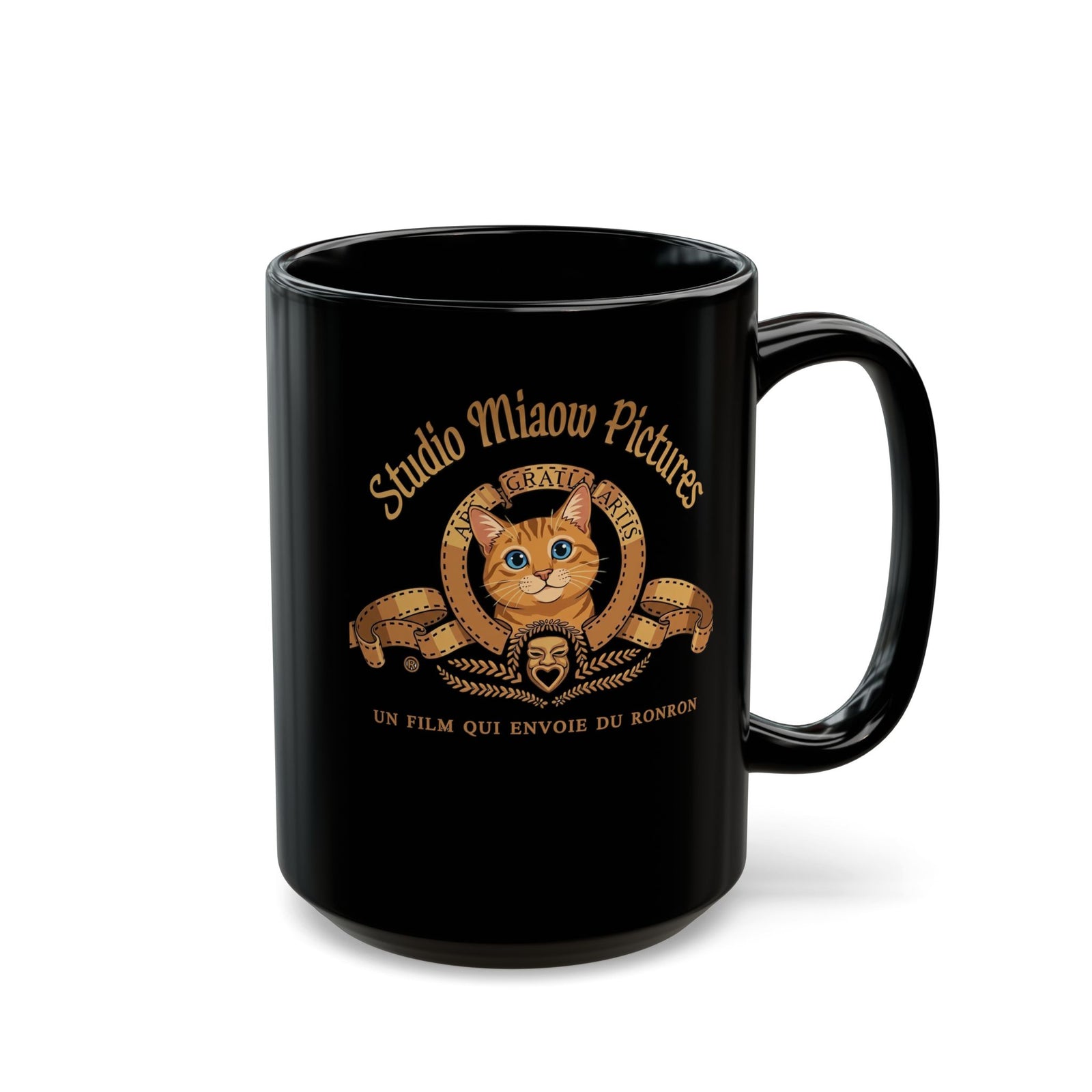 Retro Movie Lion Parody Cat Black Mug — Studio Miaow Pictures