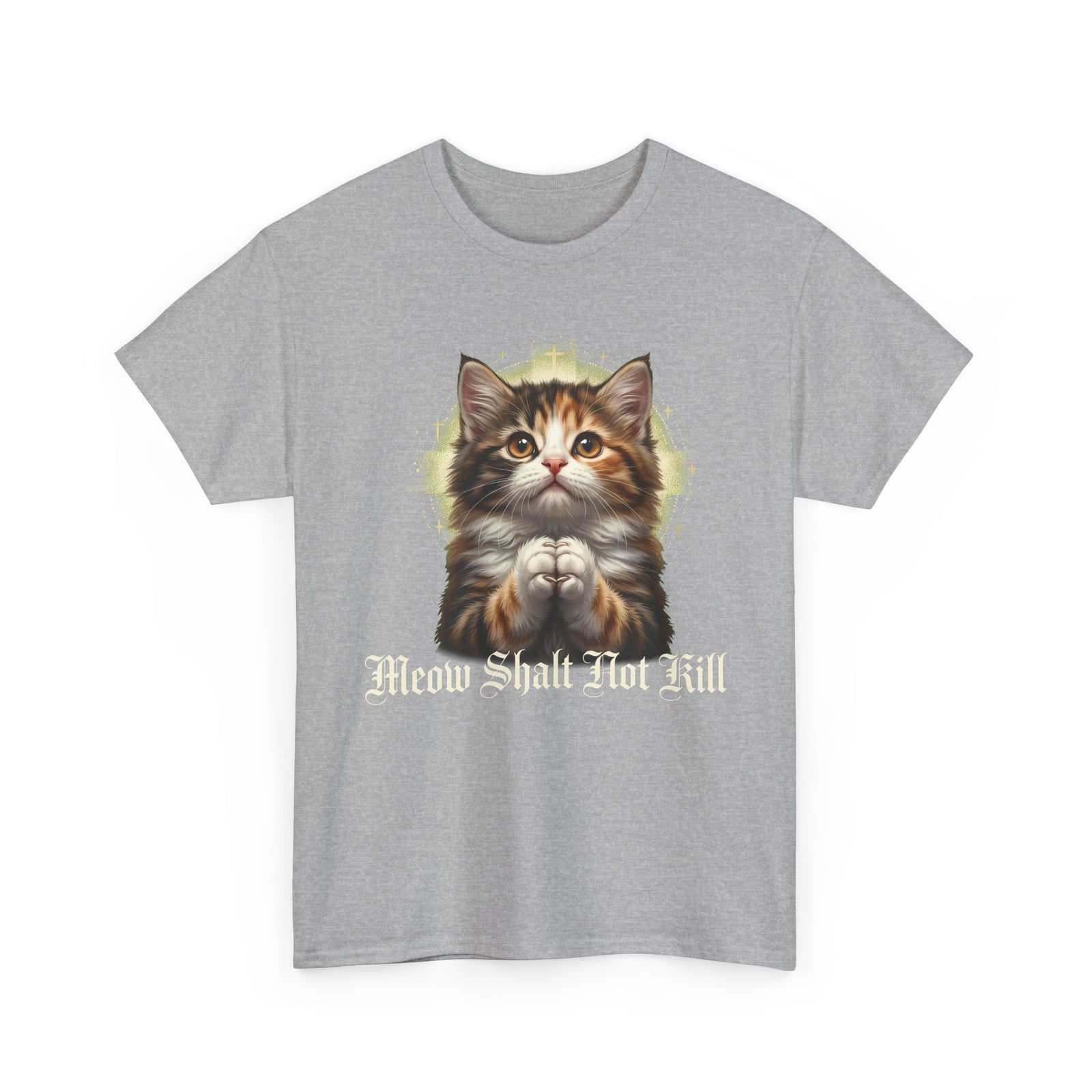 Praying Kitten T‑Shirt — "Meow Shalt Not Kill" Cute Vintage Cat Tee