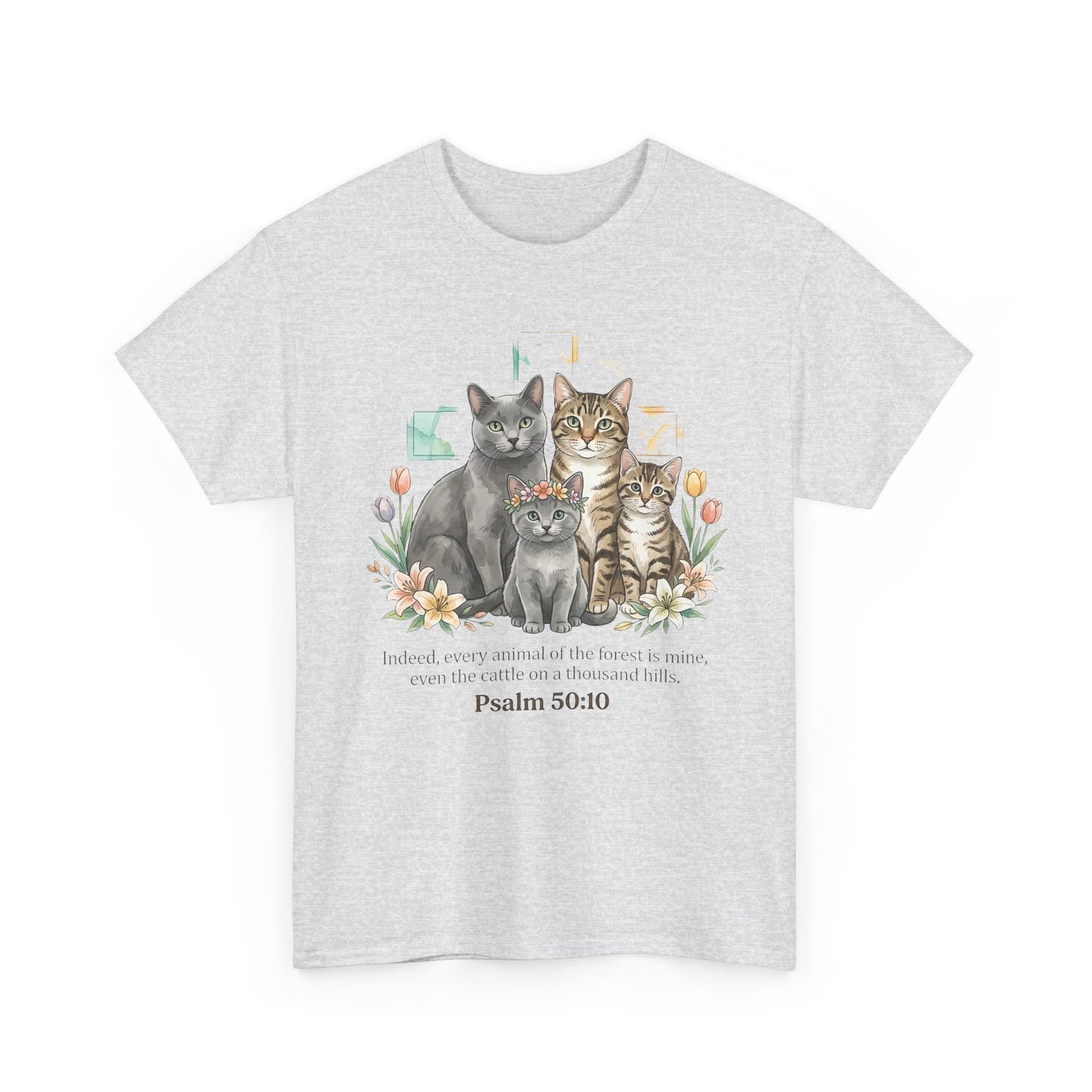 Cat Family Psalm 50:10 Floral T-Shirt — Christian Pet Lover Tee