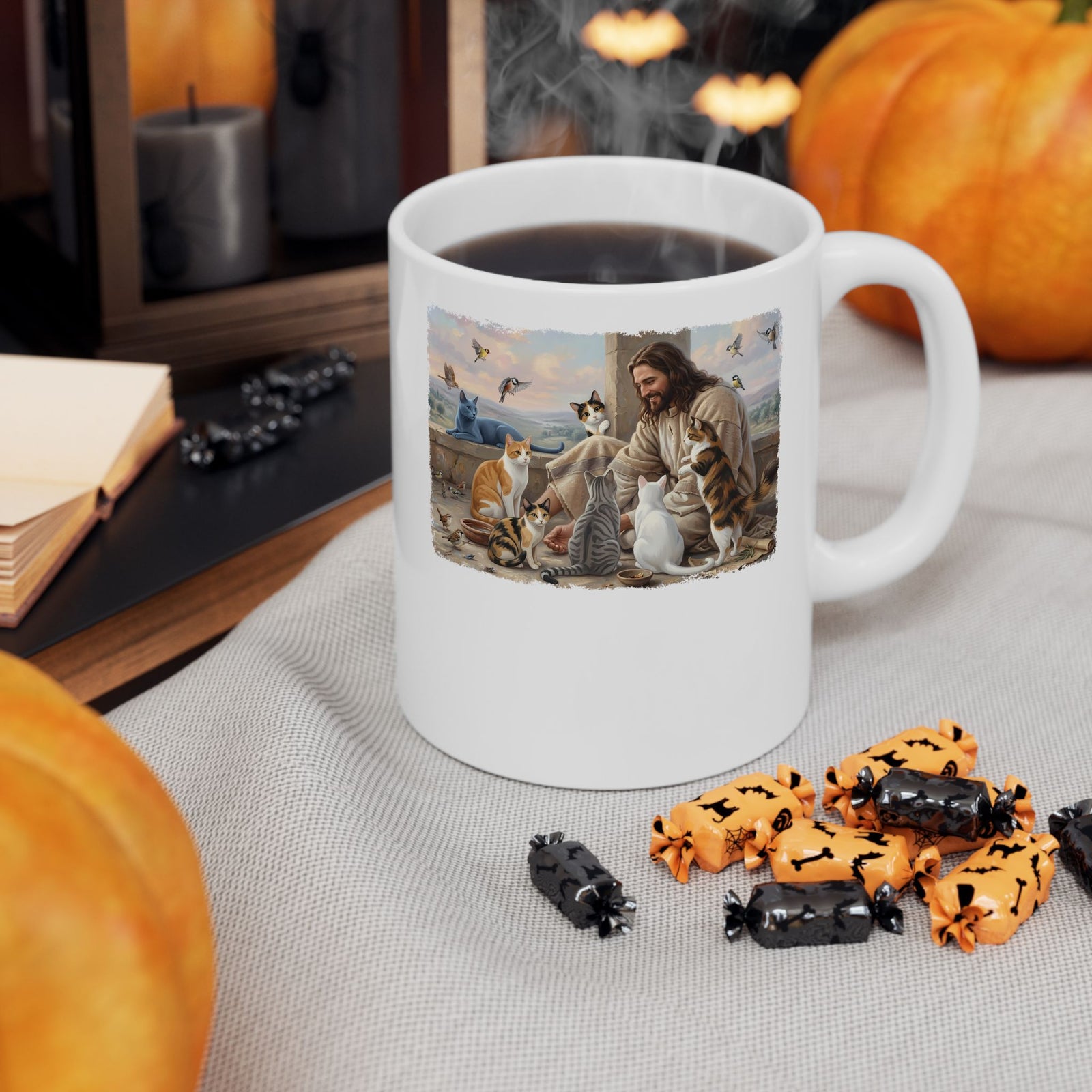 Jesus Surrounded by Cats Ceramic Mug — Religious Cat Lover Mug