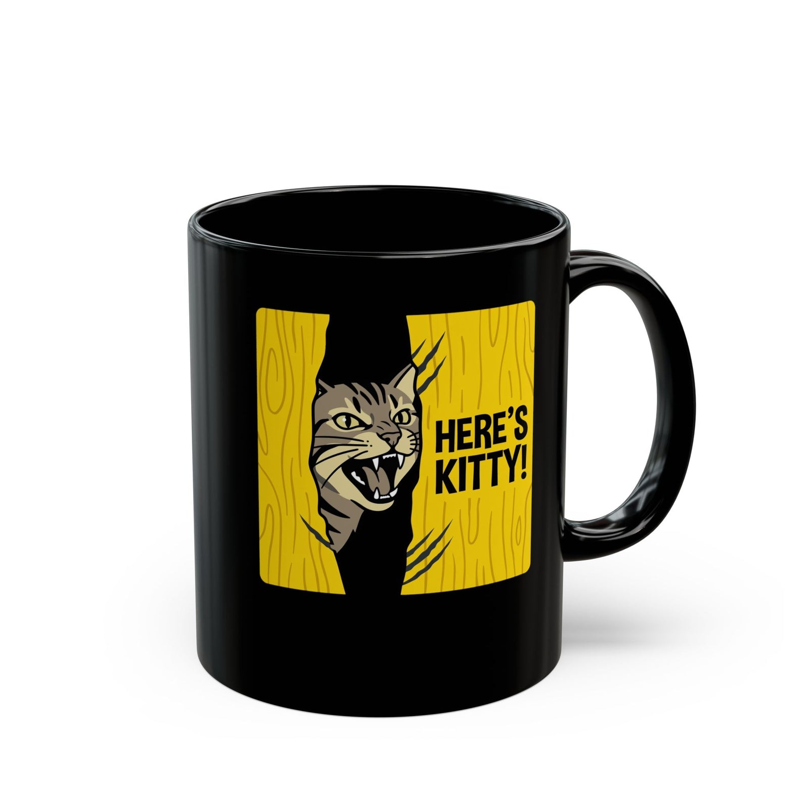 Funny Cat Parody Black Mug — "Here's Kitty" Graphic Mug