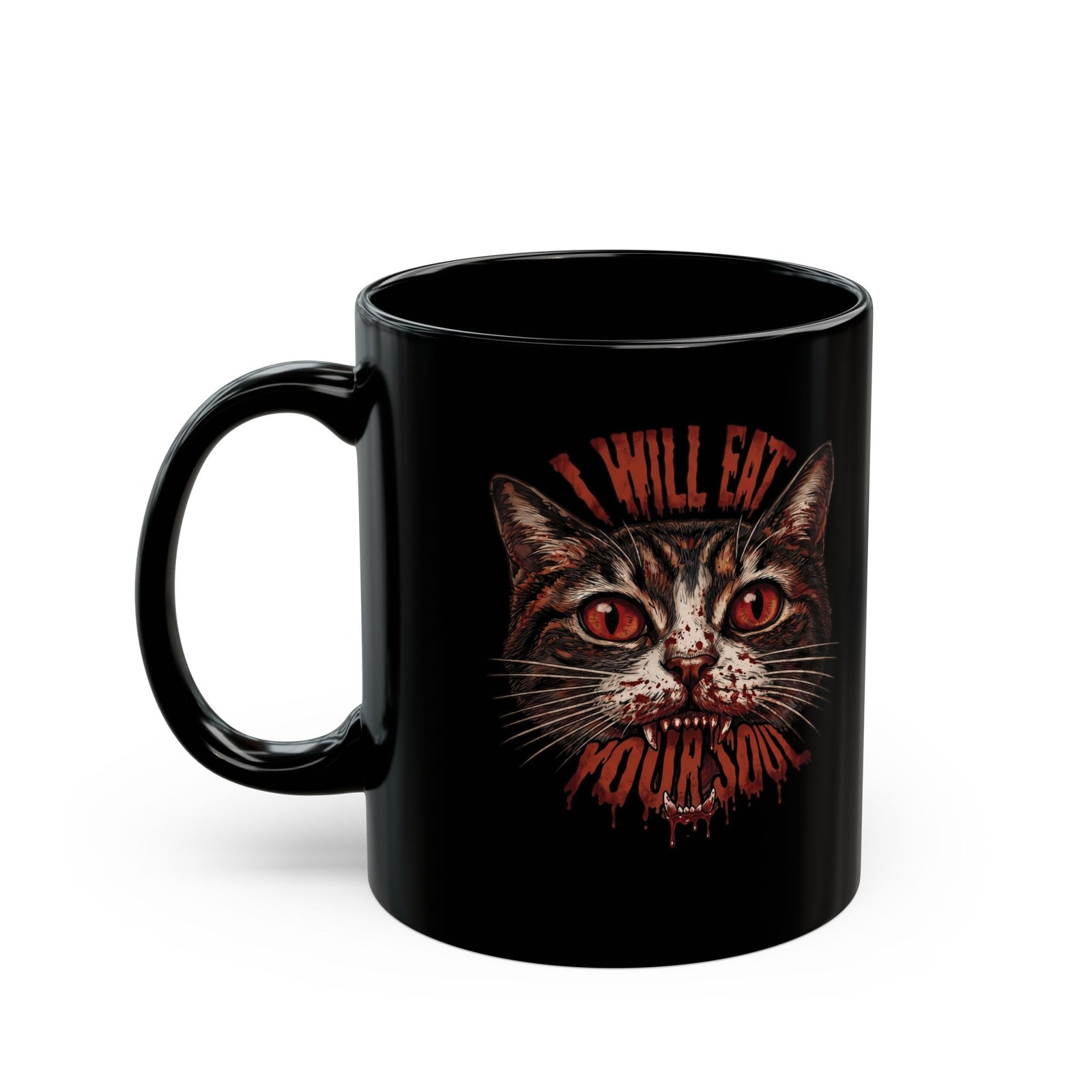 I Will Eat Your Soul Black Mug — Horror Demon Cat Graphic Mug
