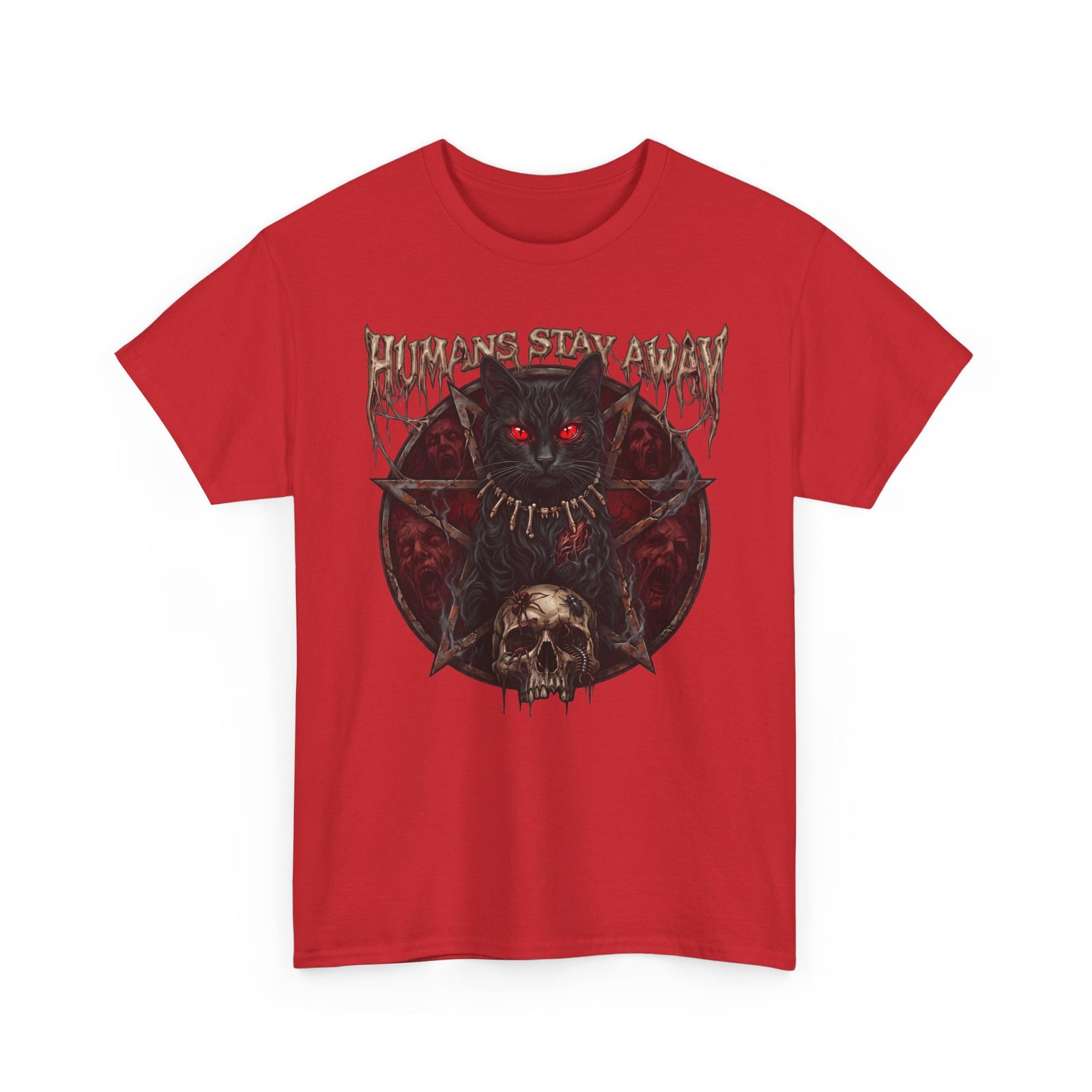 Humans Stay Away Occult Black Cat Shirt — Heavy Metal Pentagram T-Shirt