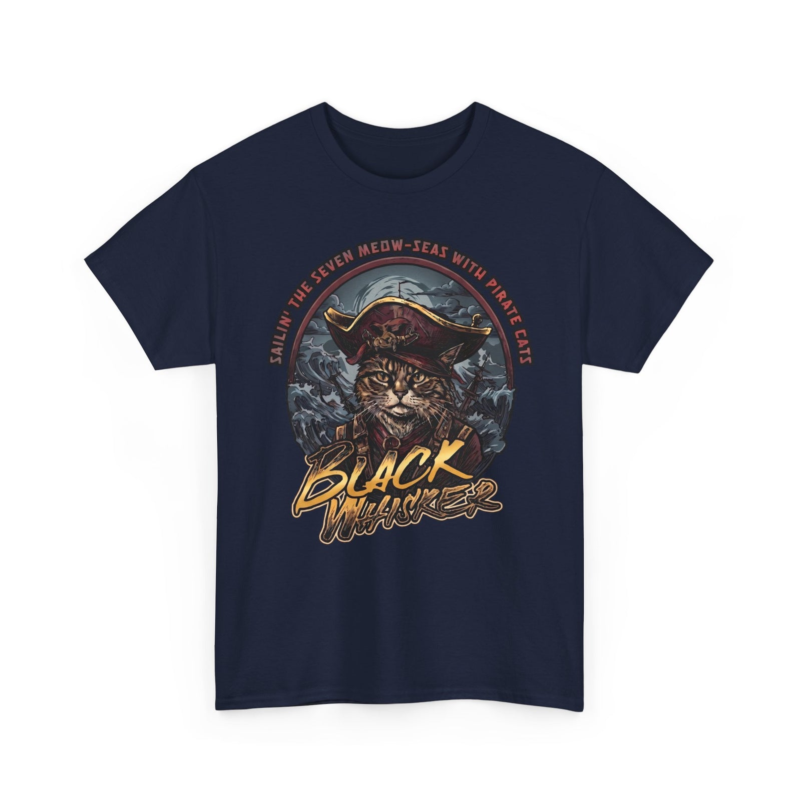 Black Whisker Pirate Cat T-Shirt — Funny Nautical Seven Meow-Seas Tee