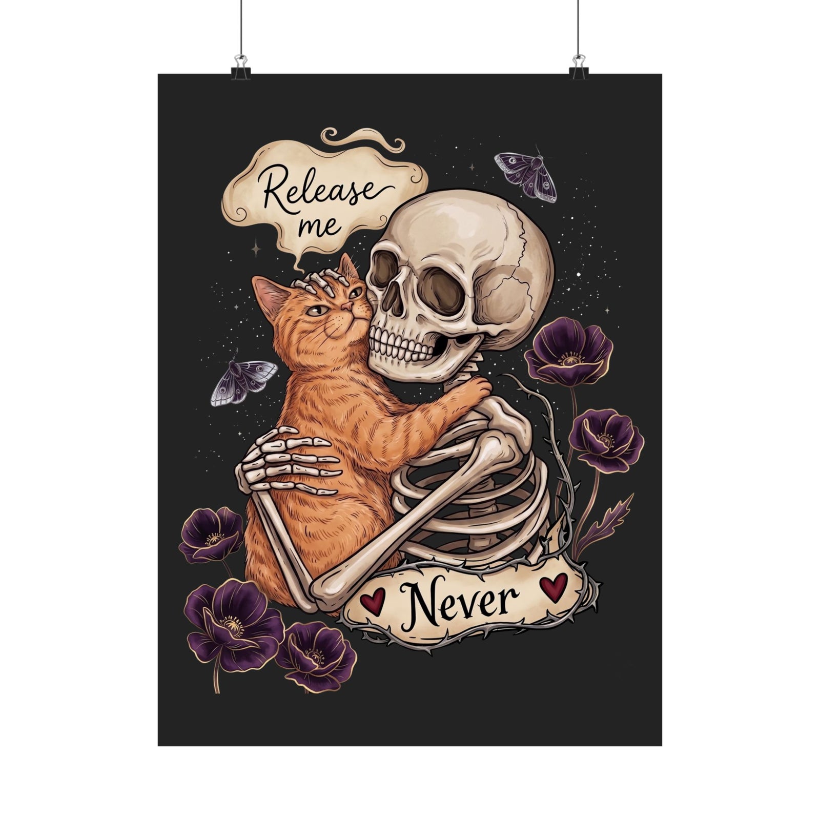 Funny Clingy Skeleton & Cat Poster — Dark Aesthetic Cat Poster