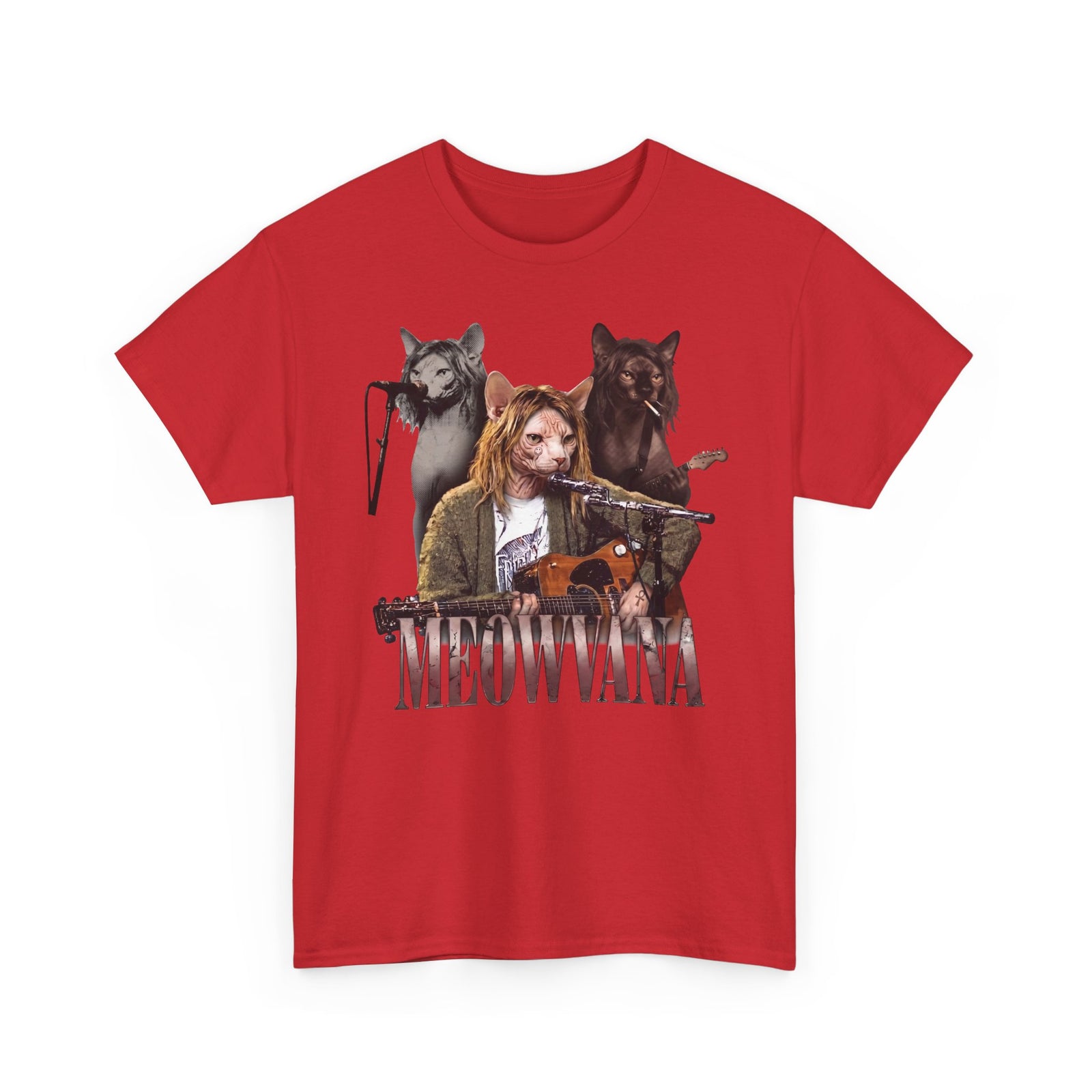 Meowvana Grunge Cat Band T-Shirt — Funny 90s Rock Sphynx Cat Tee