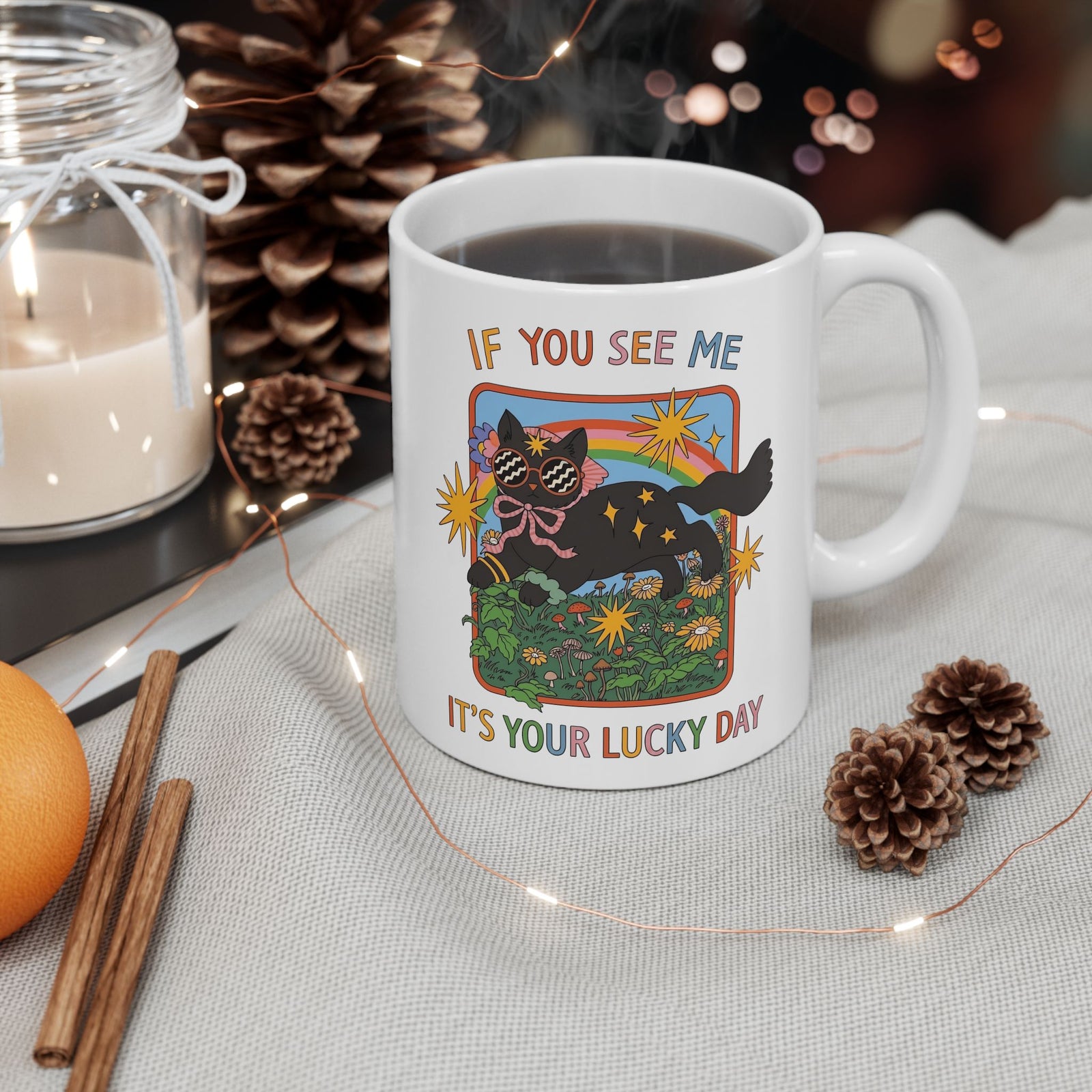 If You See Me It's Your Lucky Day Ceramic Mug — Retro Groovy Black Cat Rainbow Graphic Mug