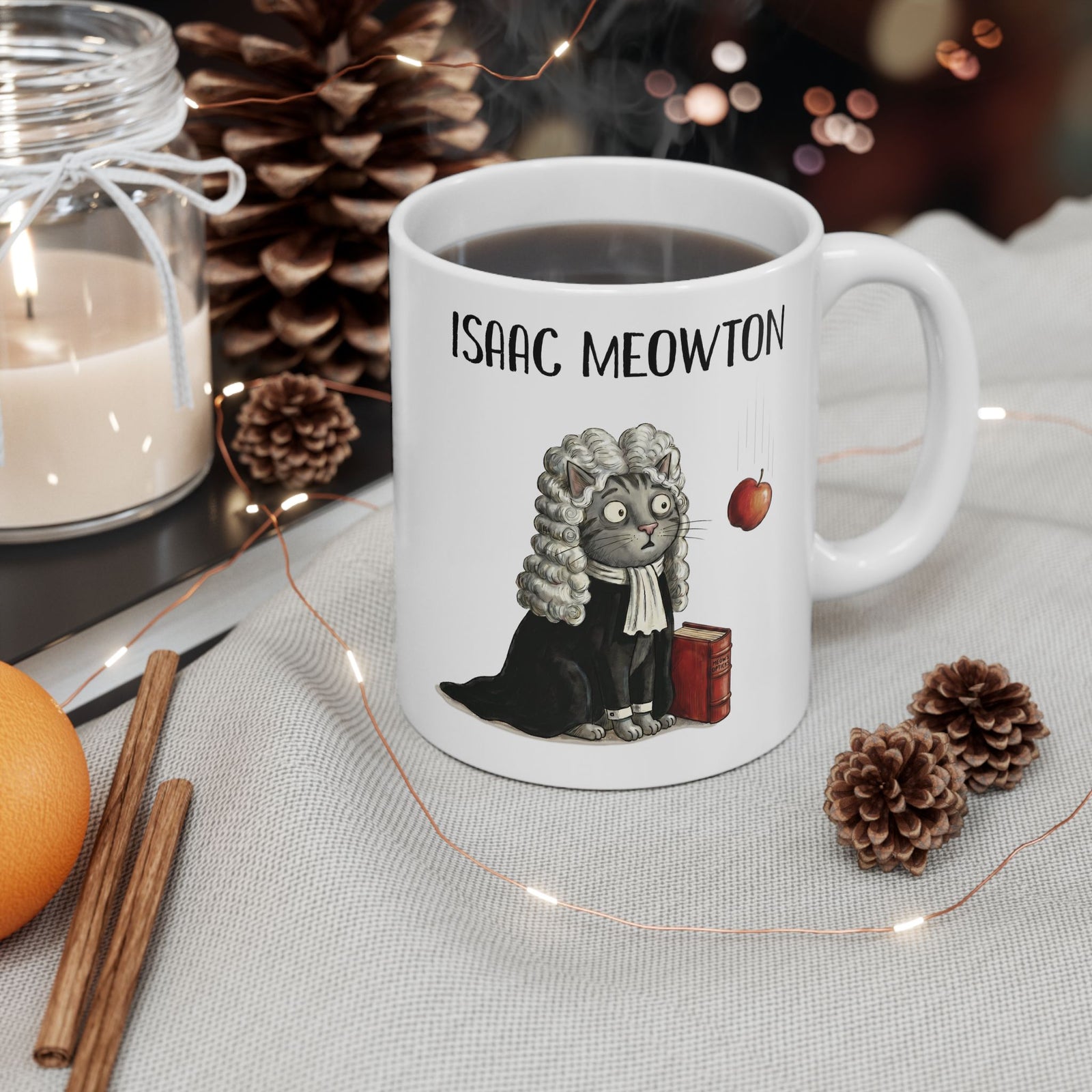 Isaac Meowton Ceramic Mug — Funny Science Pun Cat Gravity Graphic Mug