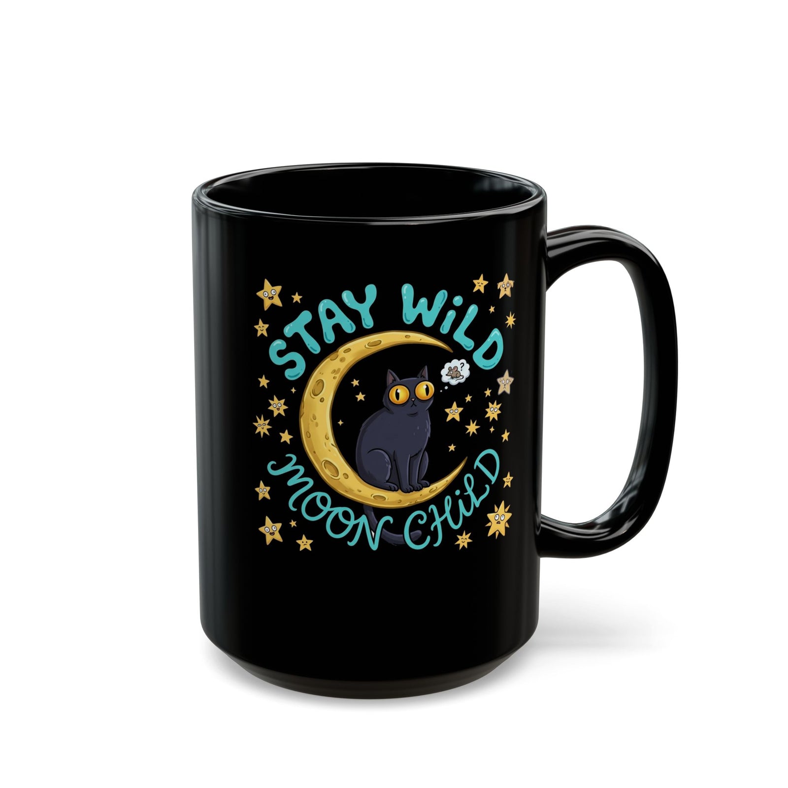 Cat 'Stay Wild Moon Child' Black Mug