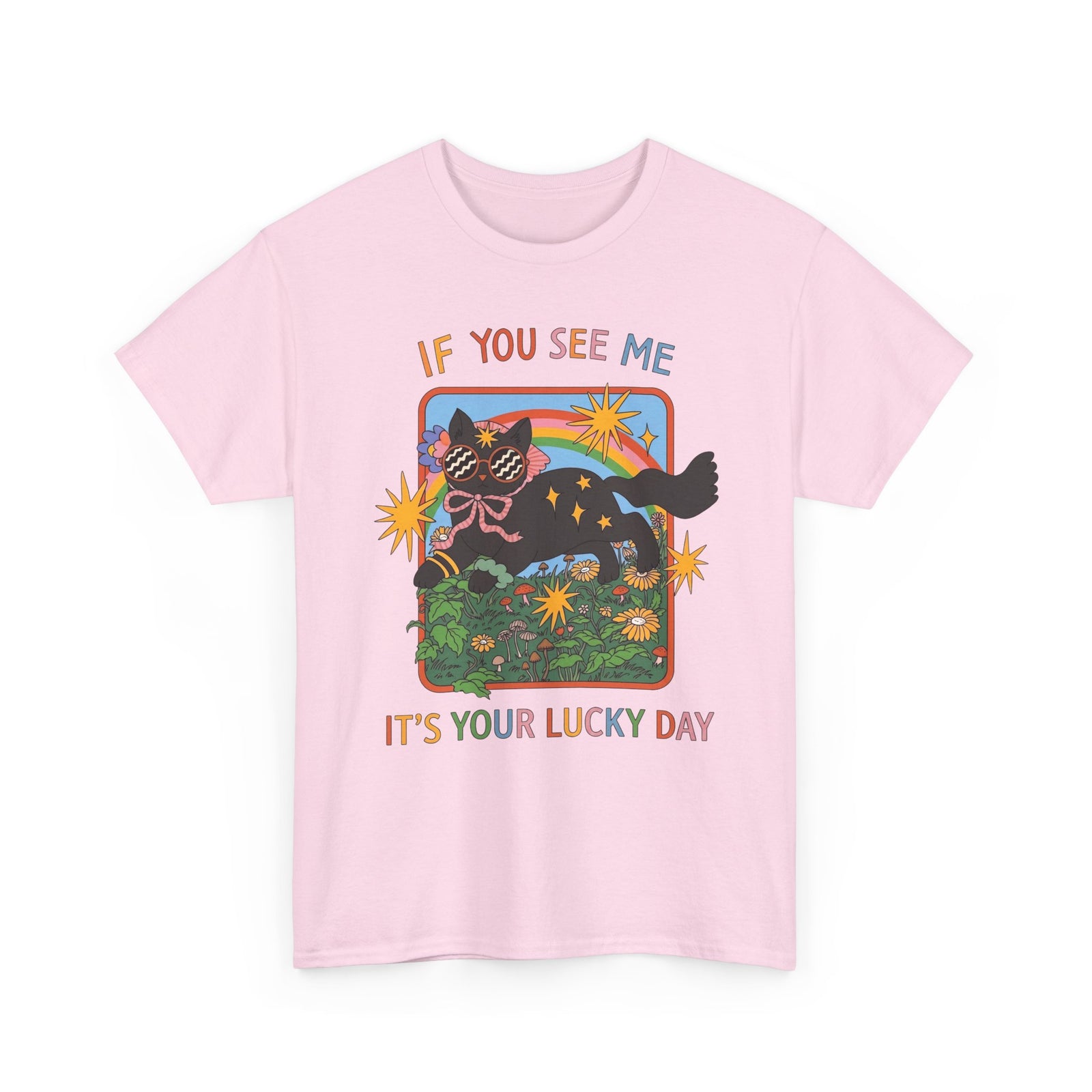 If You See Me It's Your Lucky Day T-Shirt — Retro Groovy Black Cat Rainbow Graphic Tee