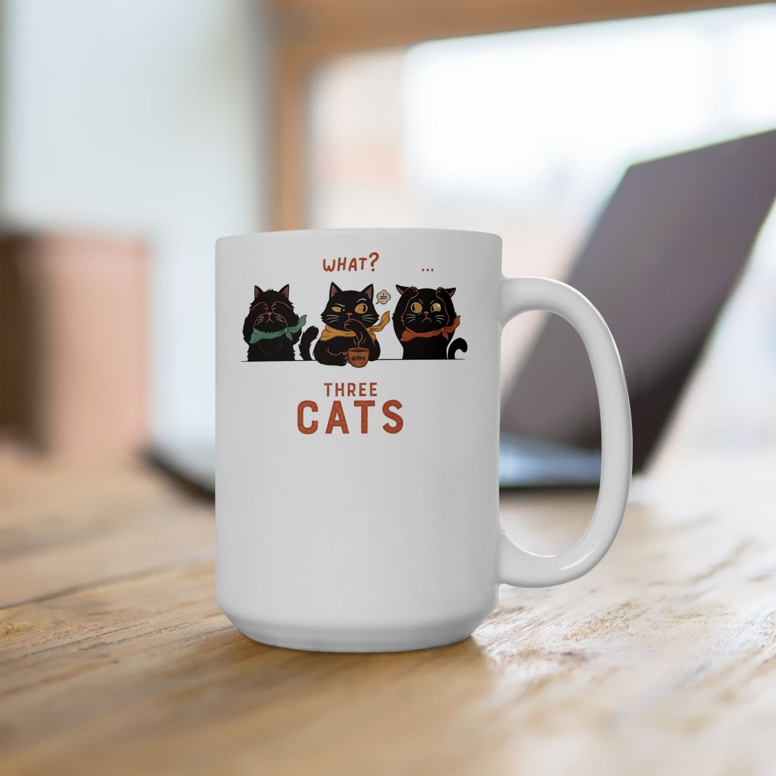 Three Wise Cats Ceramic Mug — Graphic Mug for Cat Lovers