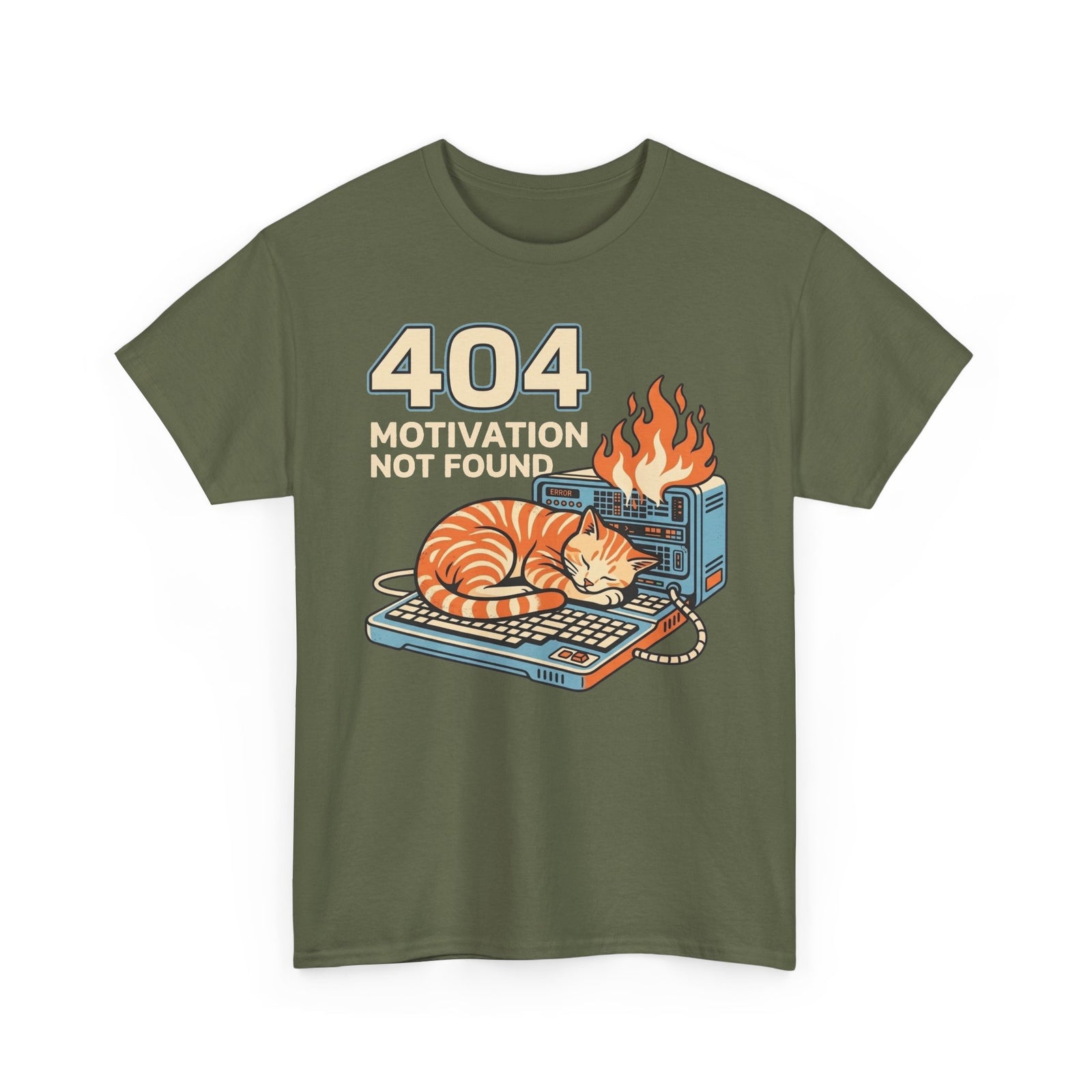 404 Motivation Not Found T-Shirt — Funny Cat Sleeping on Flaming Computer Tee