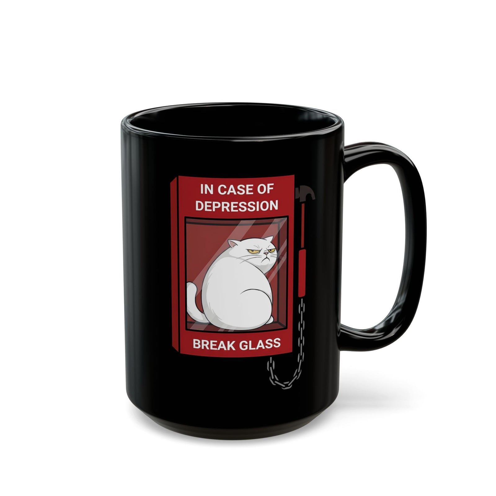 In Case Of Depression Break Glass Black Mug — Funny Grumpy White Cat Emergency Mug