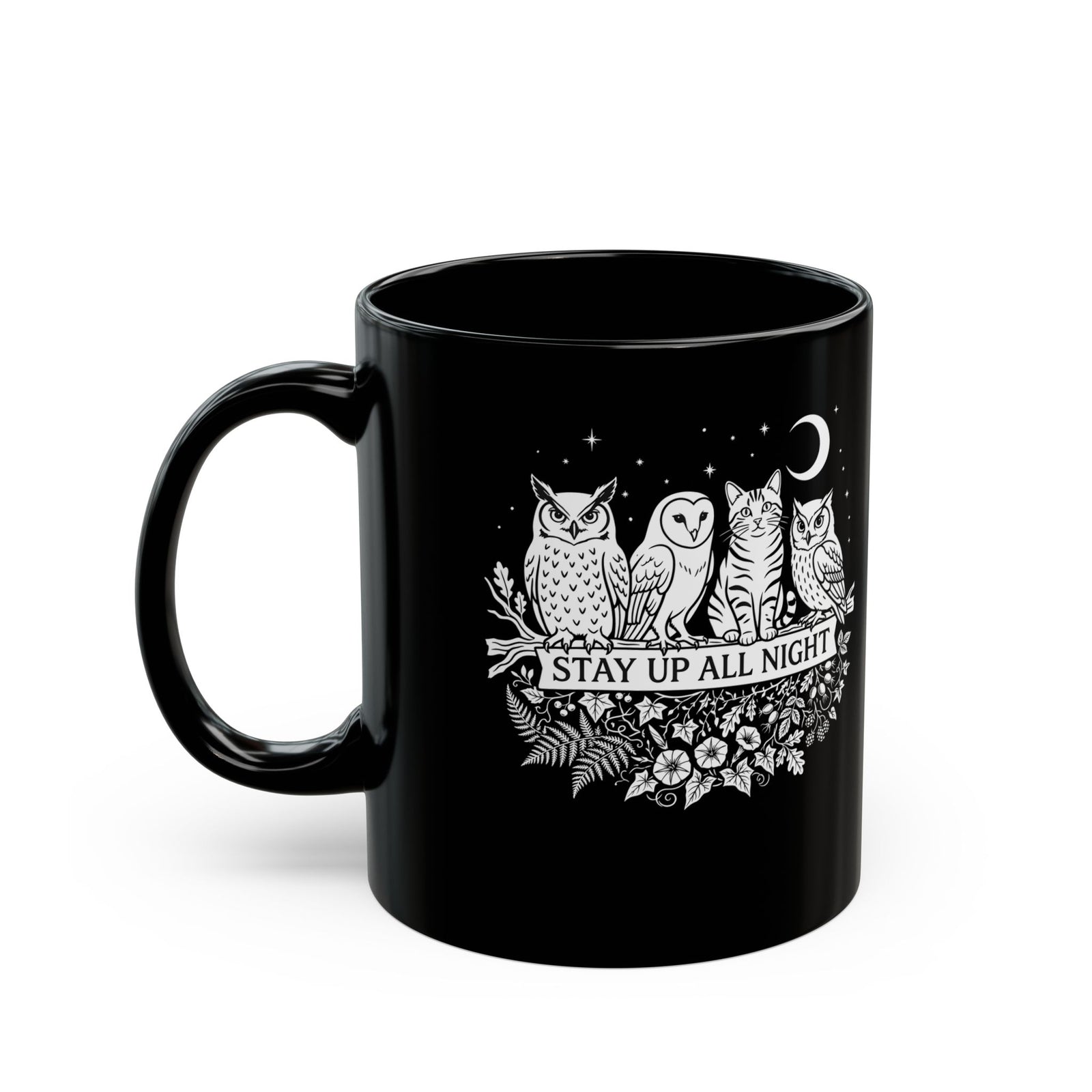 Cat Stays Up All Night Black Mug — Cute Night Owl Cat Mug