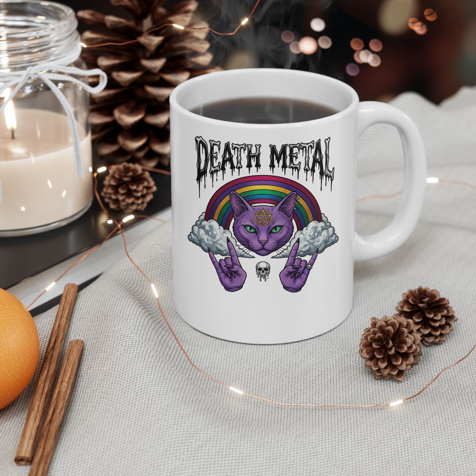 Death Metal Cat Ceramic Mug — Gothic Black Cat Mug for Metal Fans