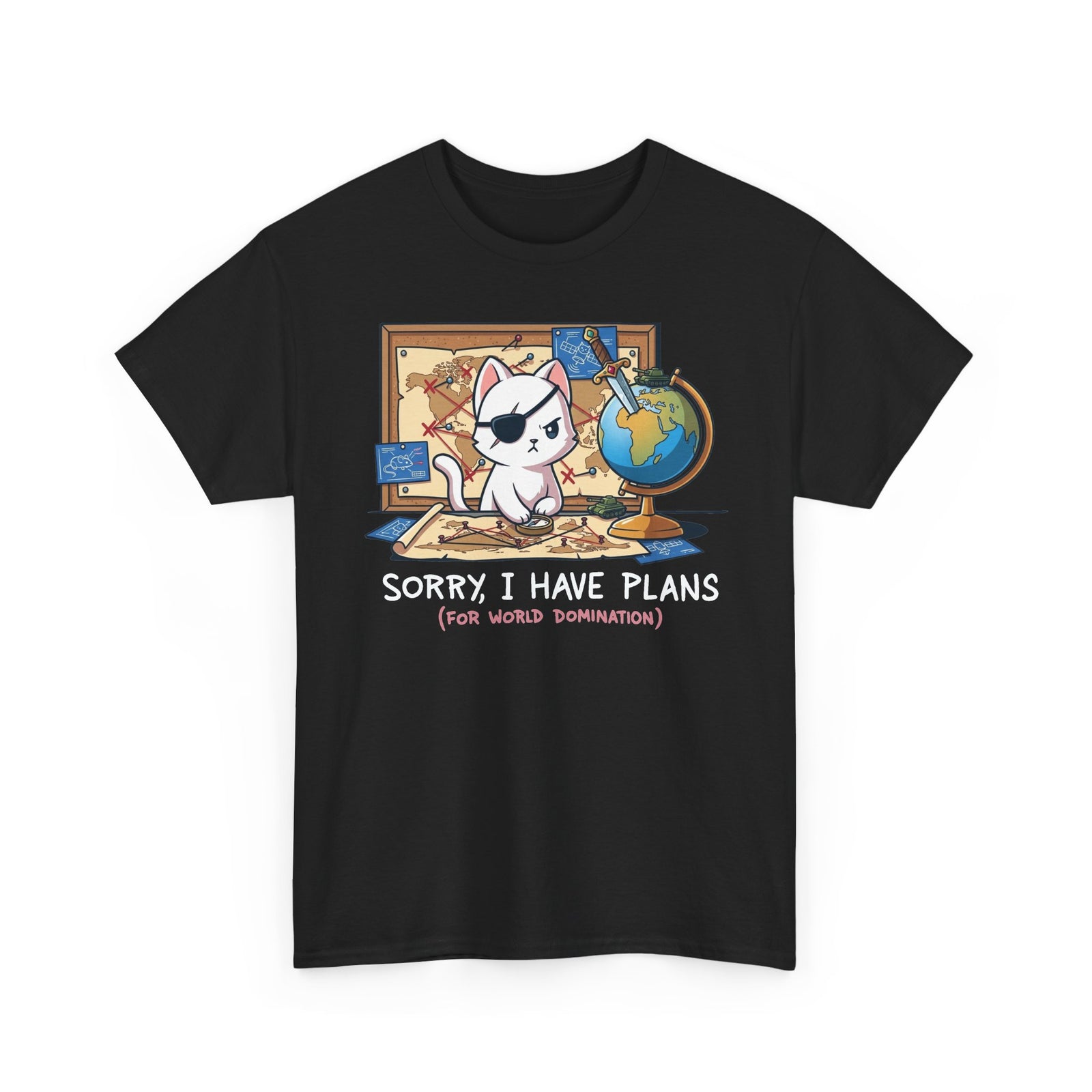 Travel Planner Cat T-Shirt — “Sorry I Have Plans (with World Domination)”
