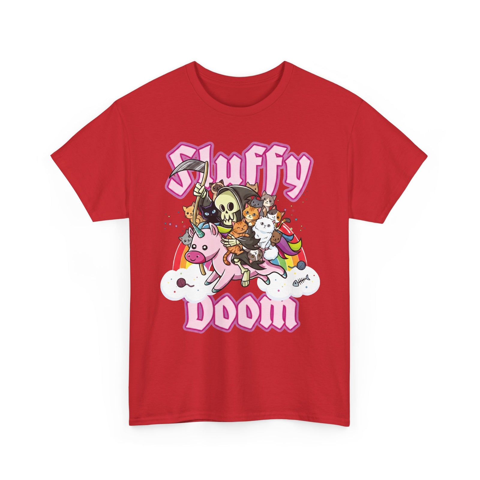 Sluffy Doom Grim Reaper Riding Unicorn T-Shirt — Pastel Goth Cat Tee