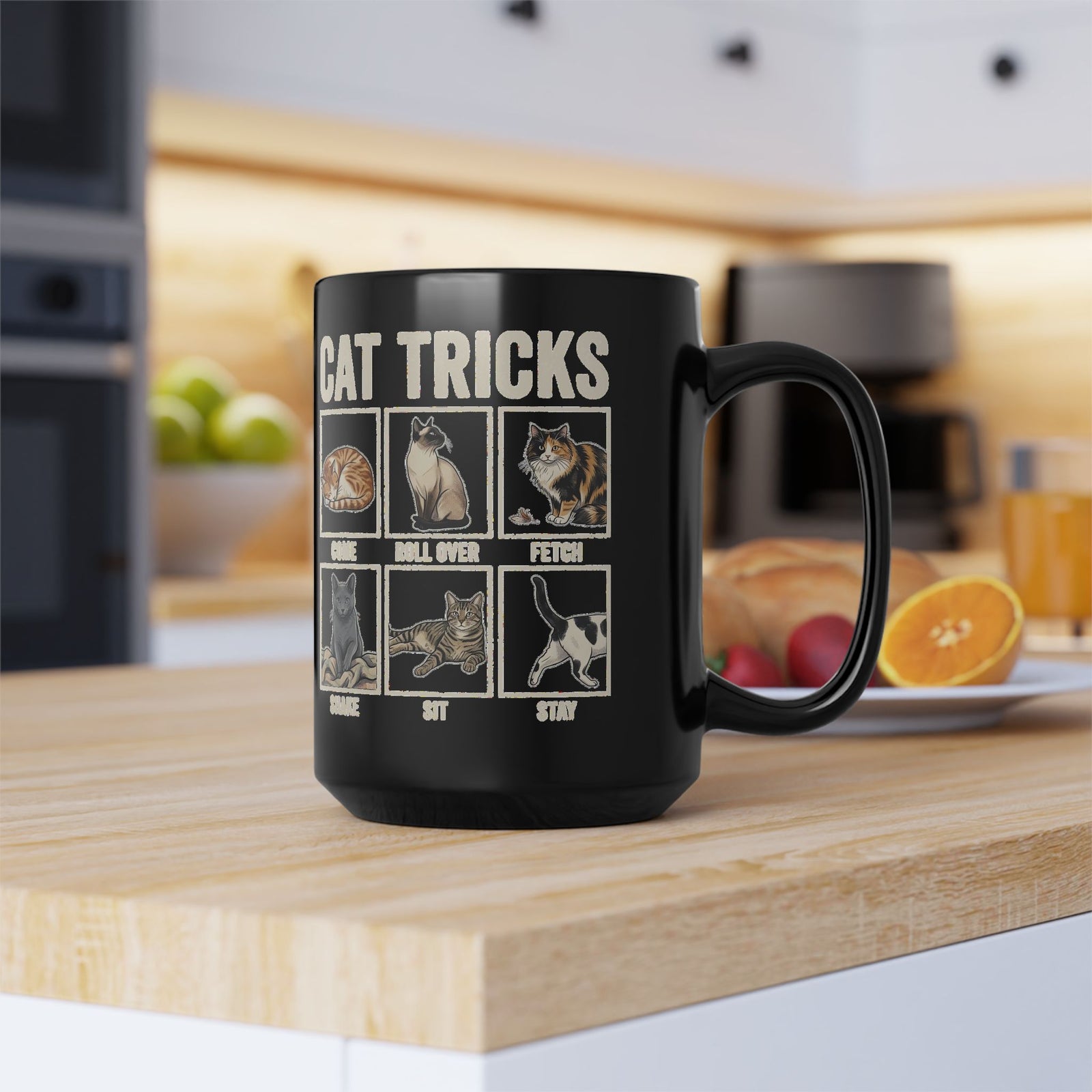 Funny Cat Tricks Black Mug — Cute Cat Humor Mug